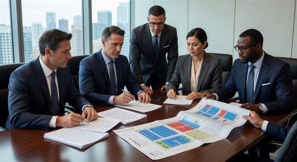 Business professionals reviewing merger documents and parking portfolio maps in conference room