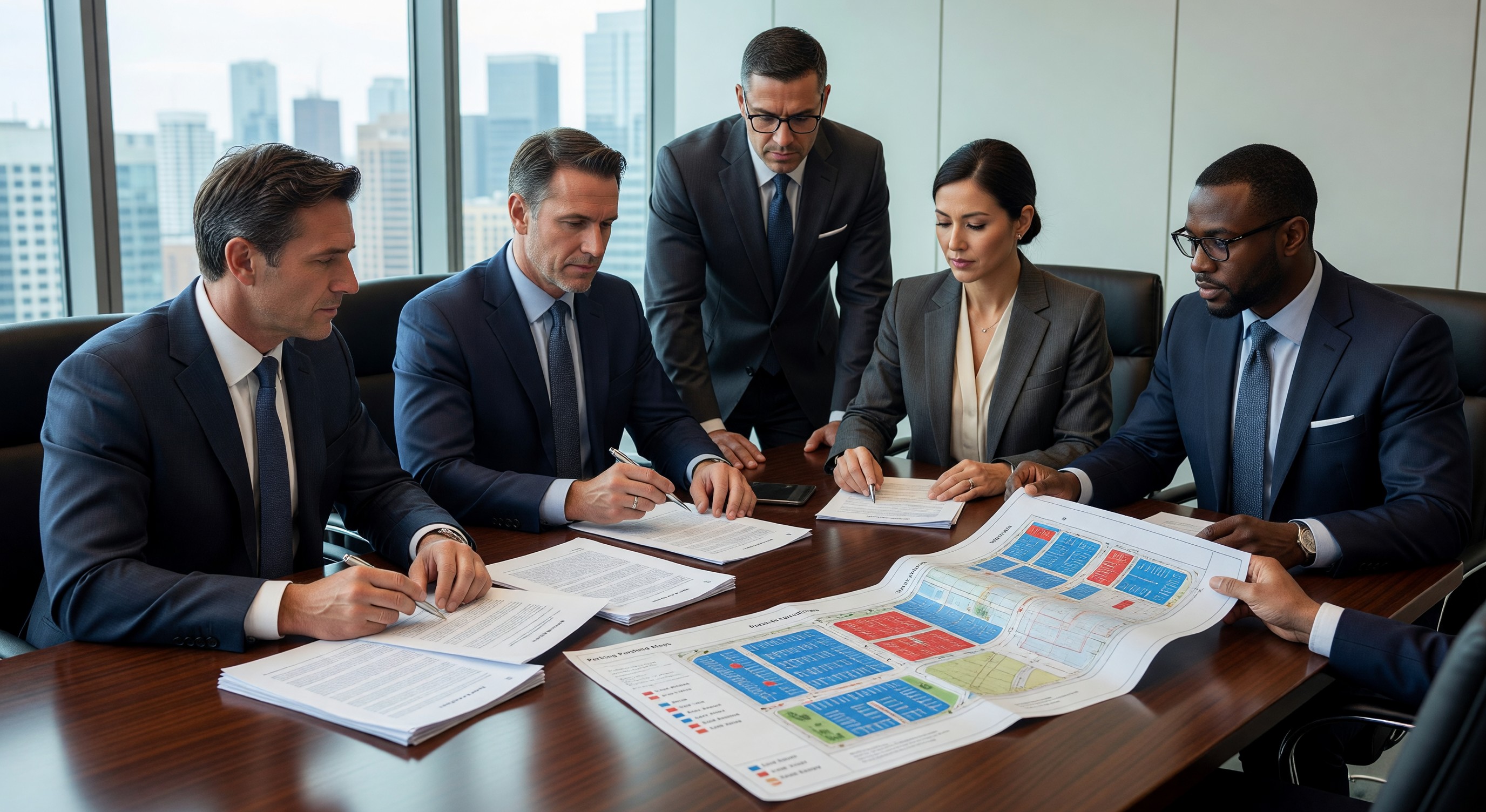 Business professionals reviewing merger documents and parking portfolio maps in conference room