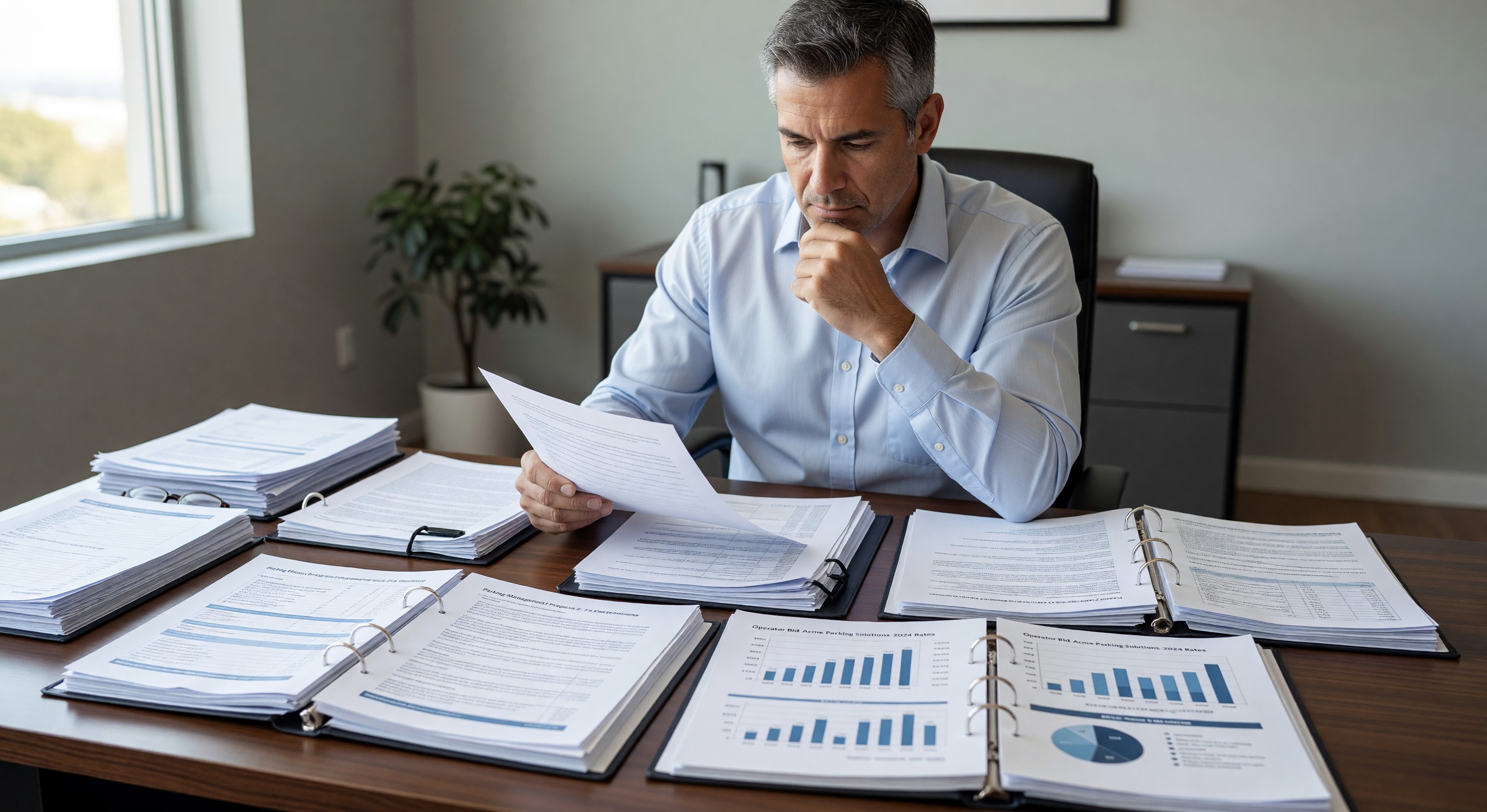 Property owner reviewing multiple parking operator proposal documents at a desk