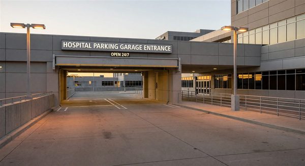 Hospital parking garage entrance with warm welcoming lighting