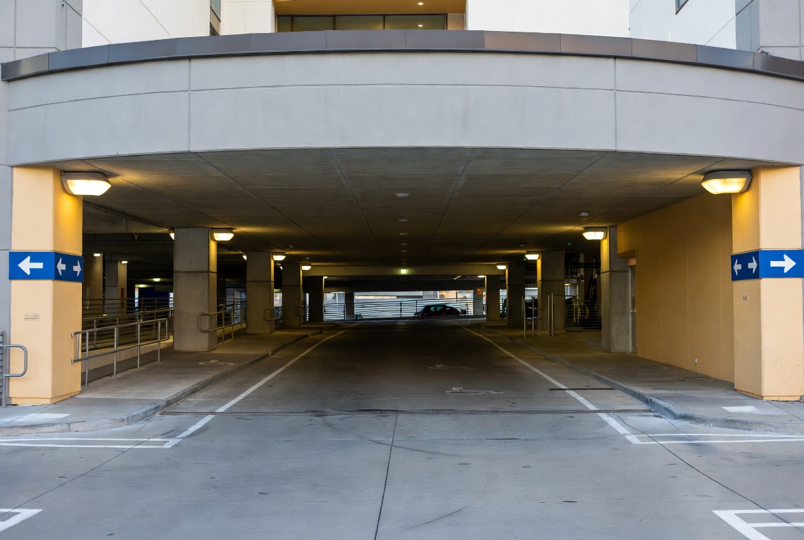 Hospital parking garage entrance with warm welcoming lighting