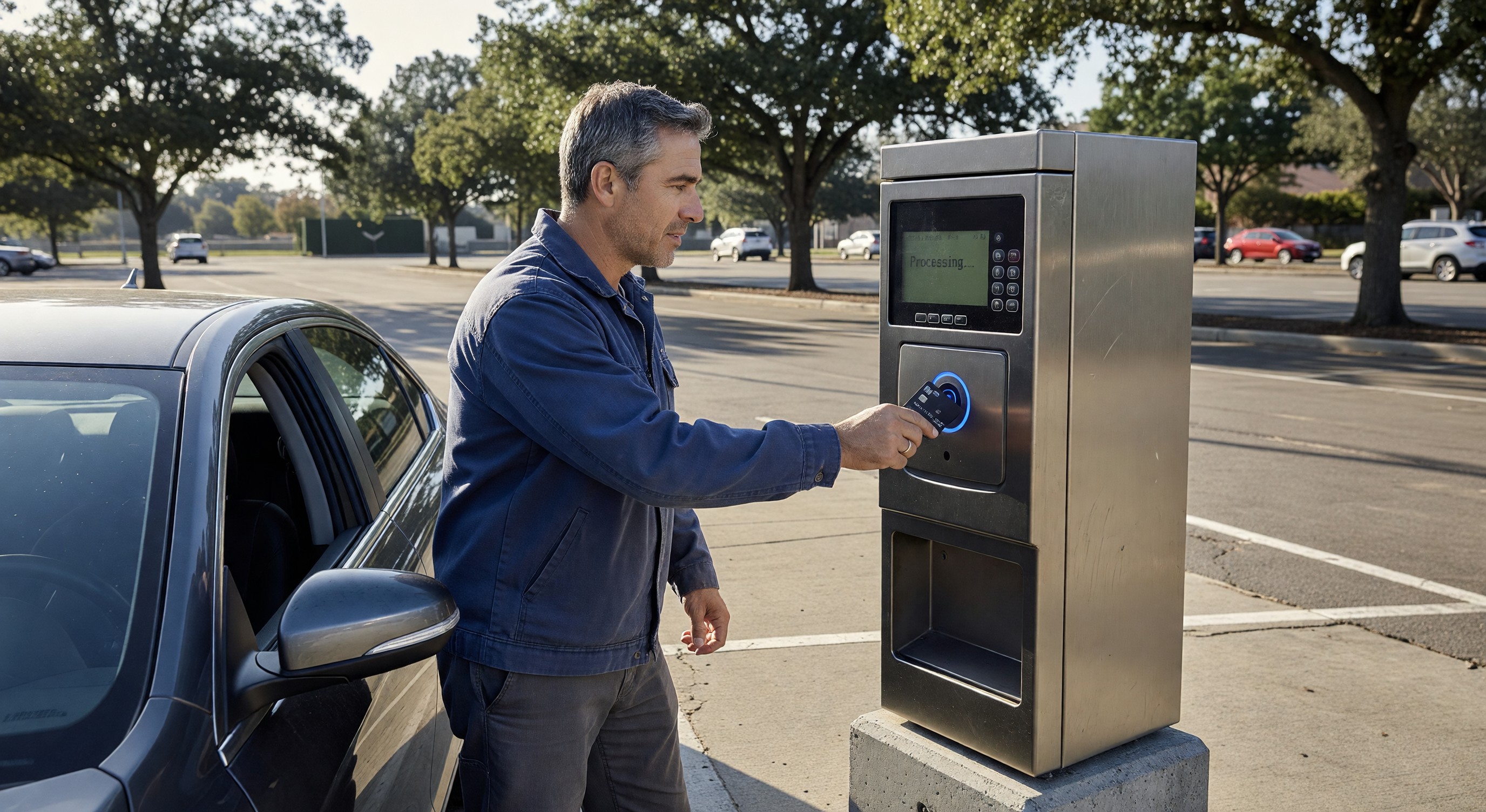 Driver tapping contactless credit card to parking pay station payment terminal