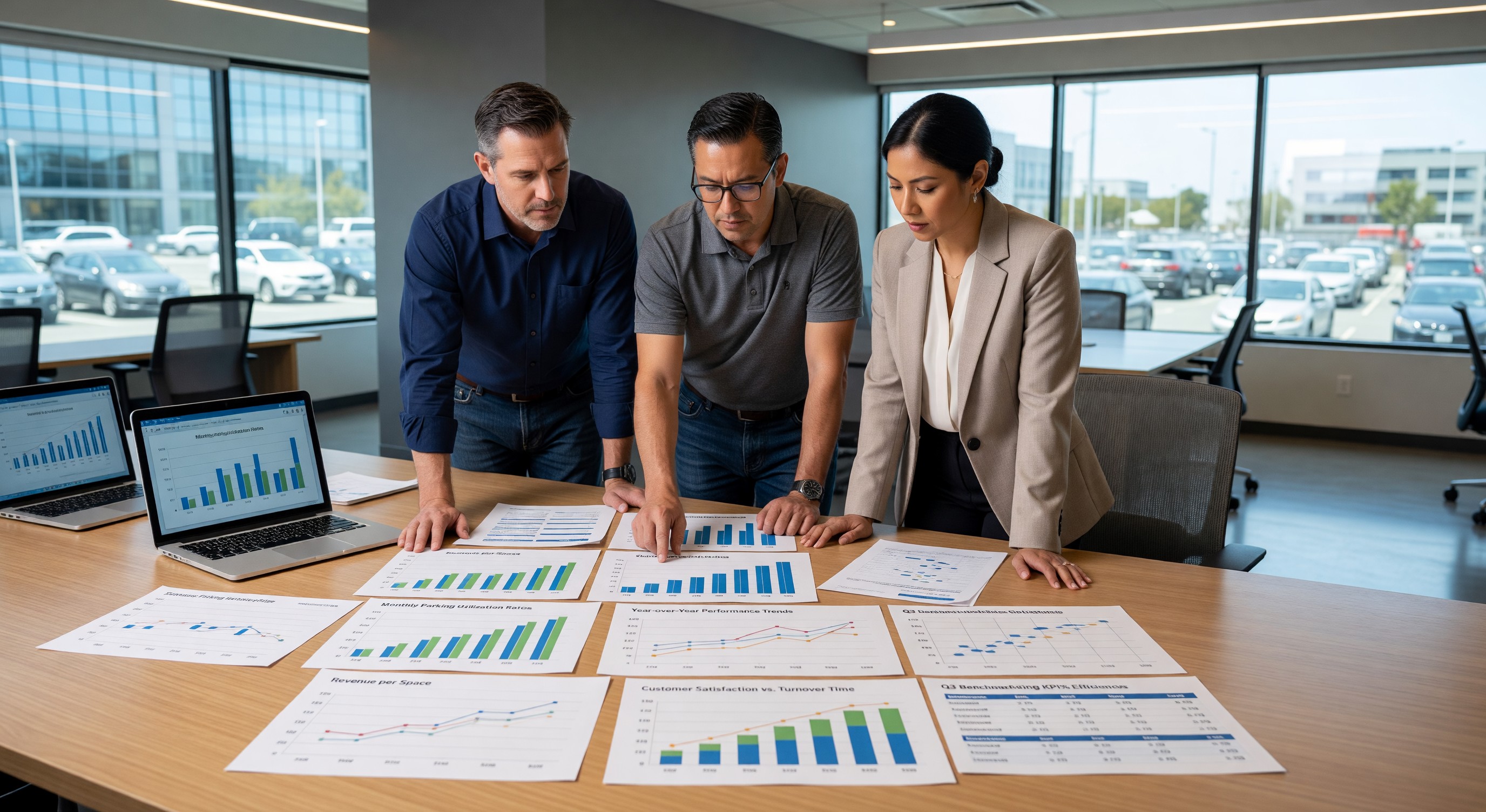 Parking operations team reviewing benchmarking data and performance comparison charts
