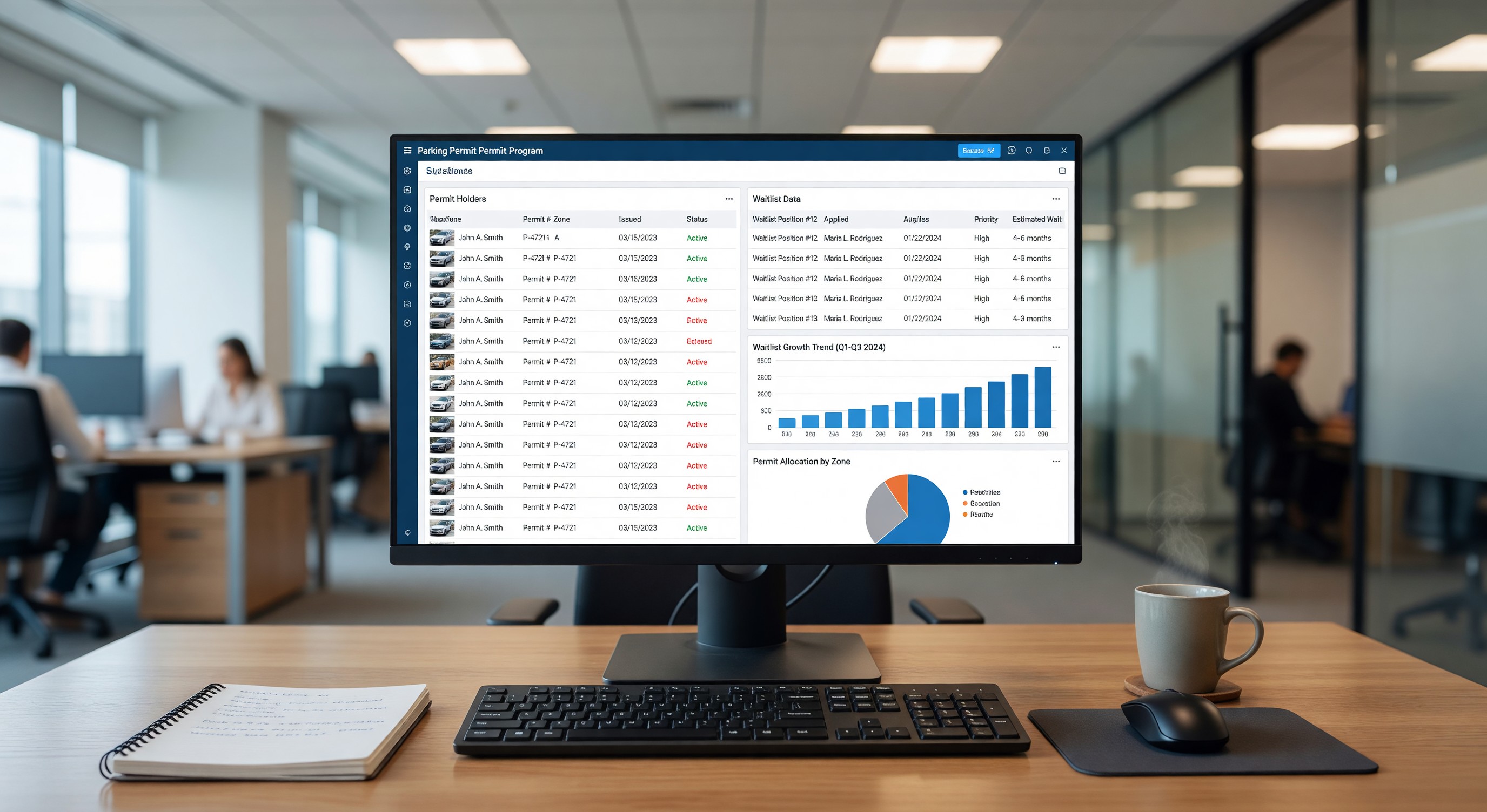 Parking permit program management software showing permit holders and waitlist data