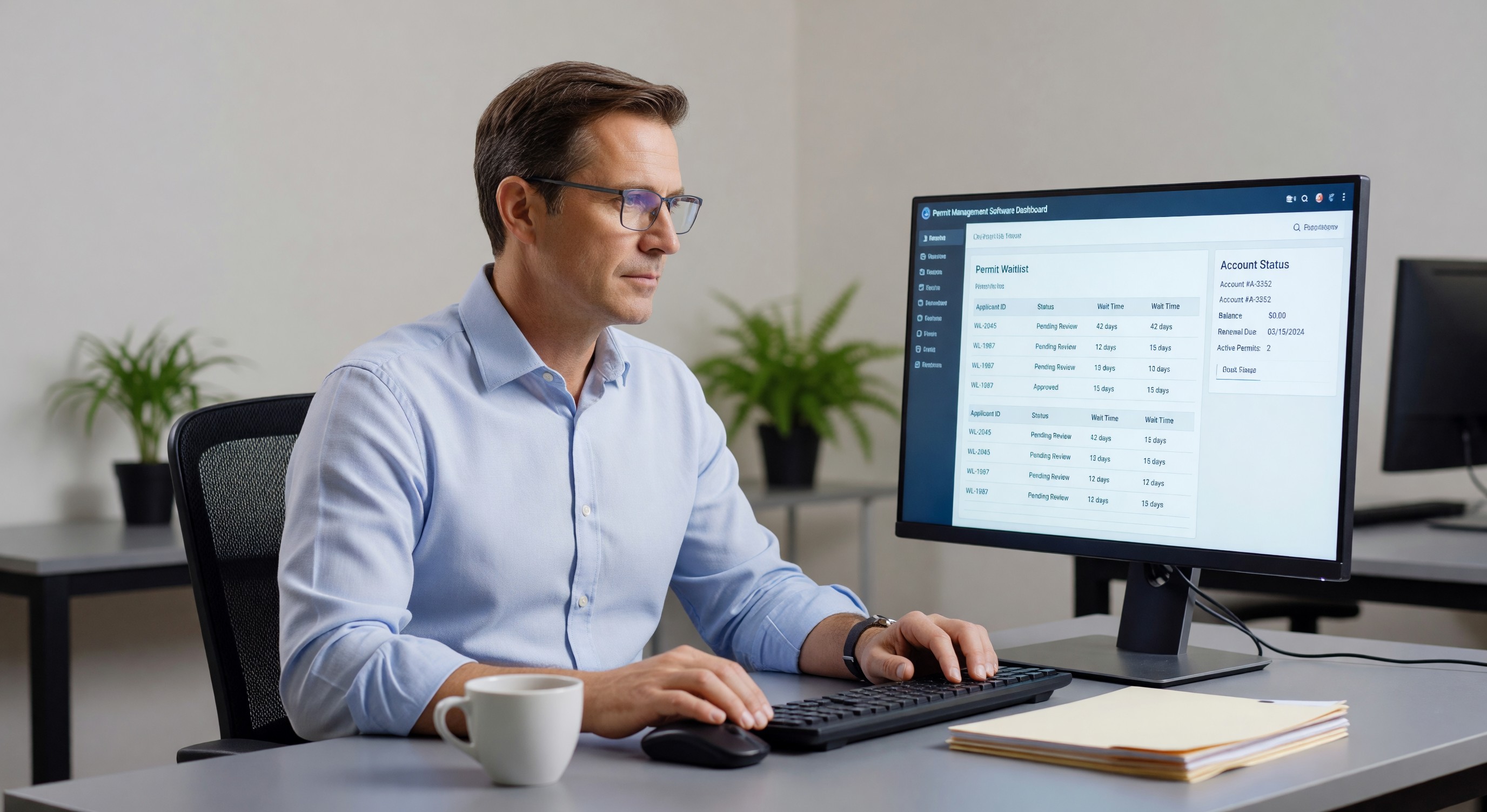 Parking permit manager reviewing permit waitlist and account status in permit management software dashboard