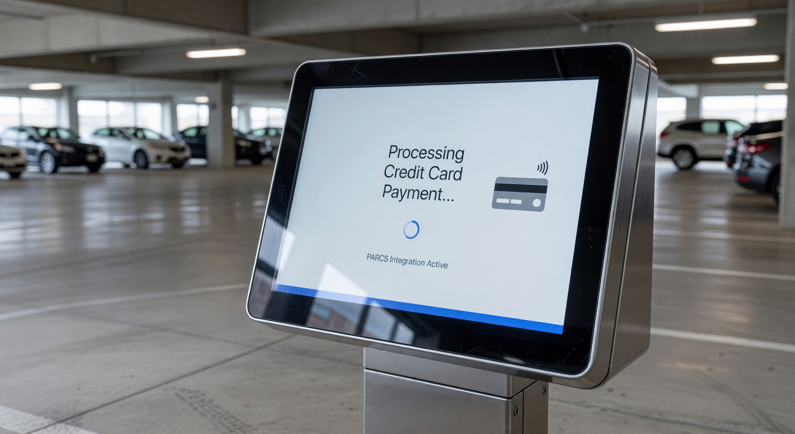 Parking pay station touchscreen interface processing credit card payment with PARCS integration