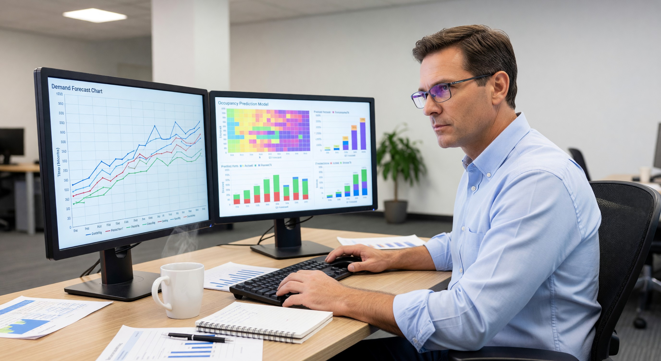 Parking operations analyst reviewing demand forecast charts and occupancy prediction models on dual monitors