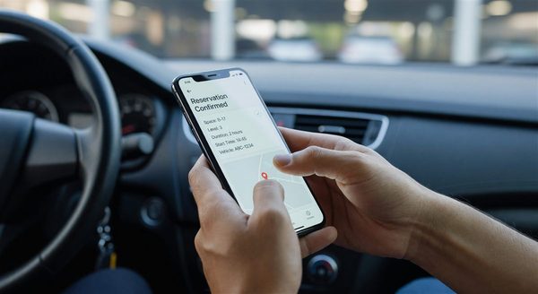 Driver completing parking reservation on smartphone app with confirmation screen showing reserved space details