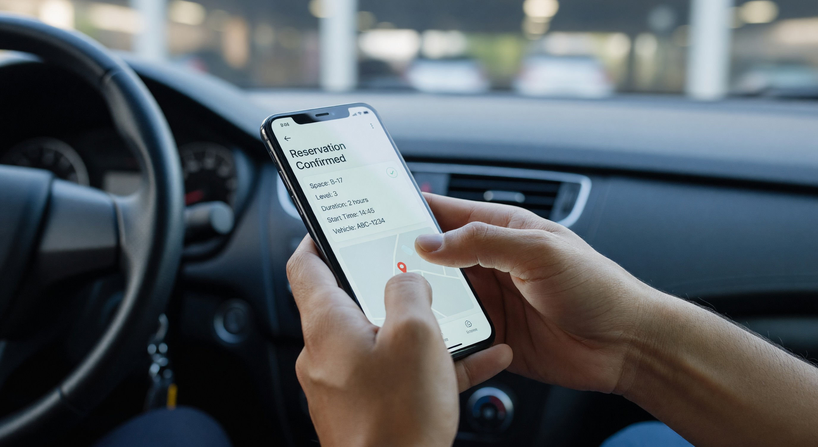 Driver completing parking reservation on smartphone app with confirmation screen showing reserved space details