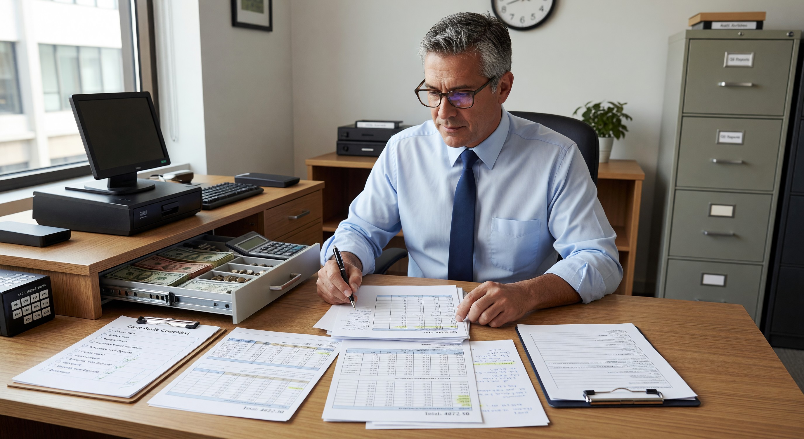 Parking operations manager reviewing revenue reports and cash drawer audit documentation