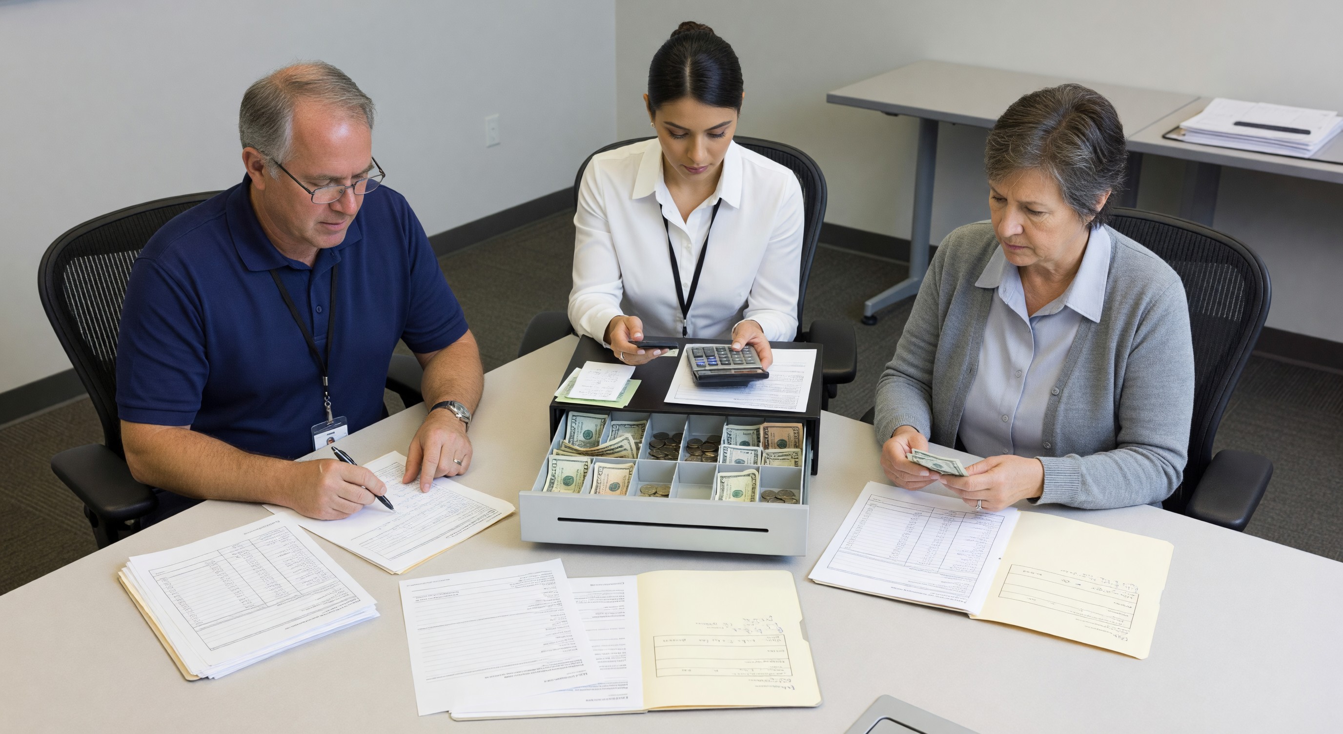Parking revenue audit team reviewing transaction logs and cash drawer reconciliation records