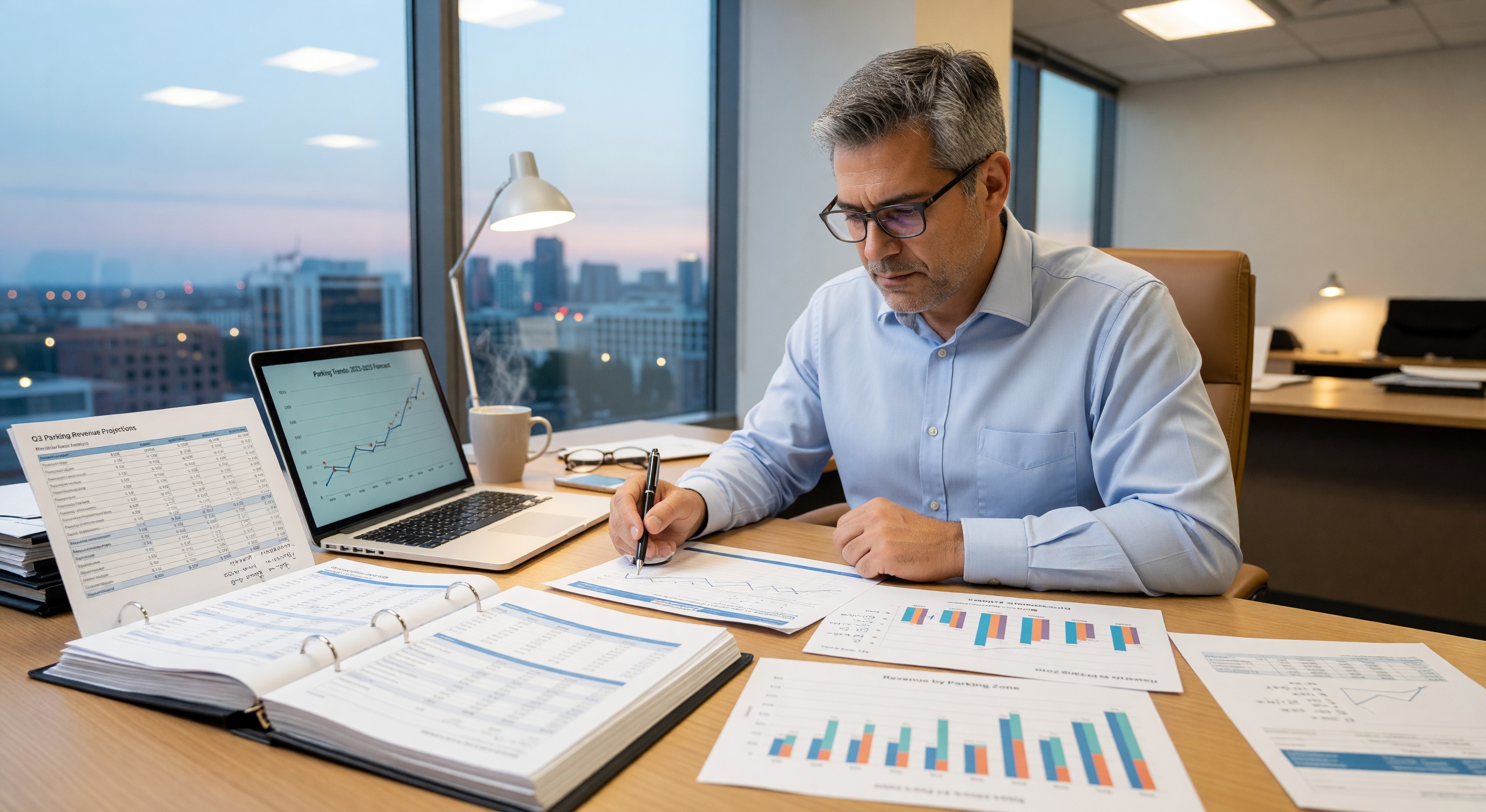 Financial analyst reviewing parking revenue forecast spreadsheets and trend charts
