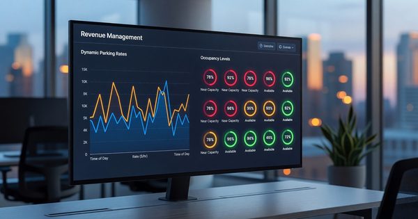 Revenue management dashboard showing dynamic parking rates and occupancy levels in real time