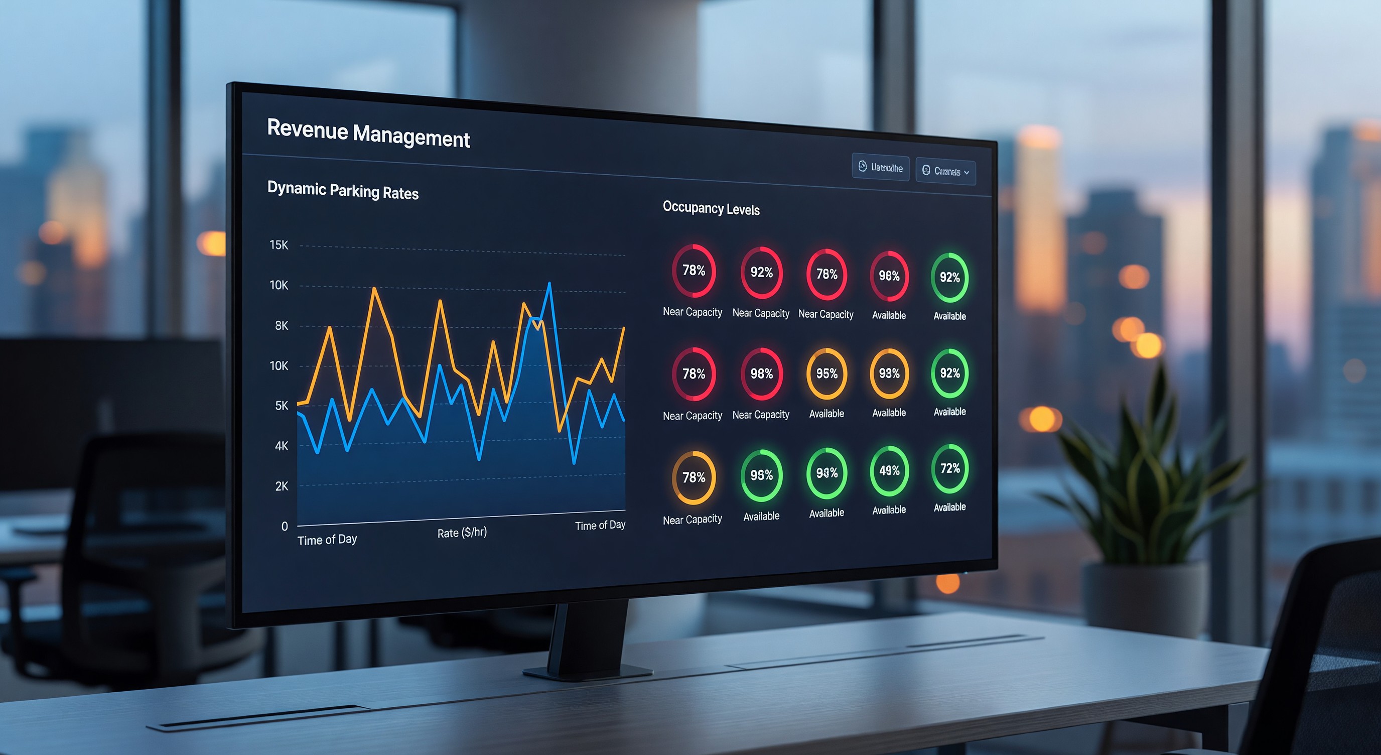 Revenue management dashboard showing dynamic parking rates and occupancy levels in real time