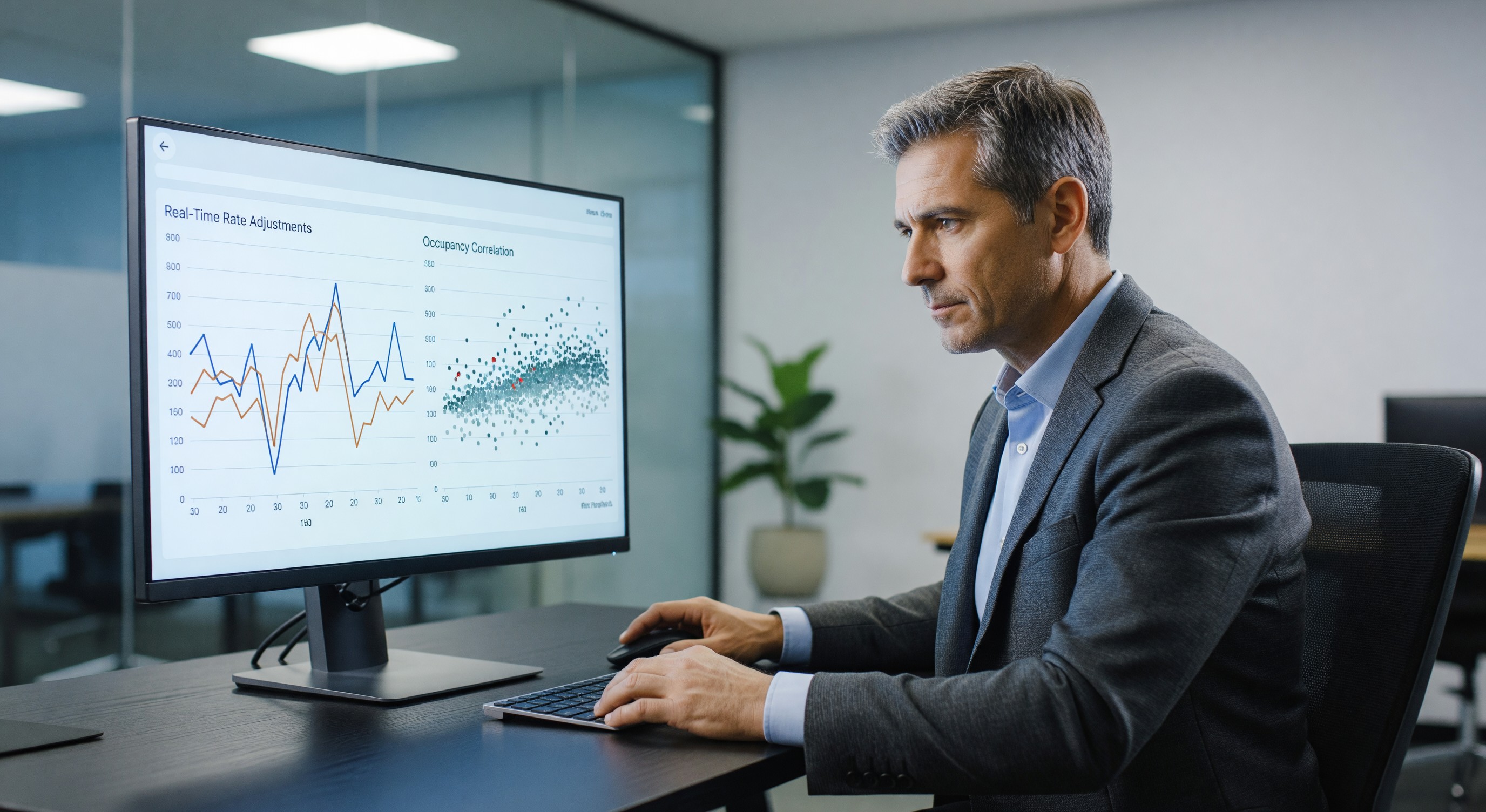 Revenue manager reviewing dynamic pricing dashboard showing real-time rate adjustments and occupancy correlation