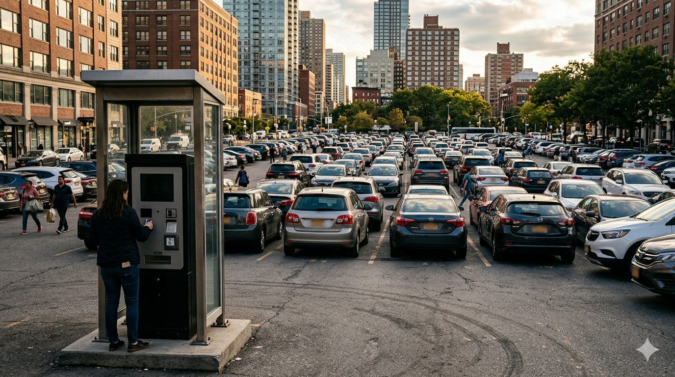 Busy urban parking lot at peak hours with pay station in foreground