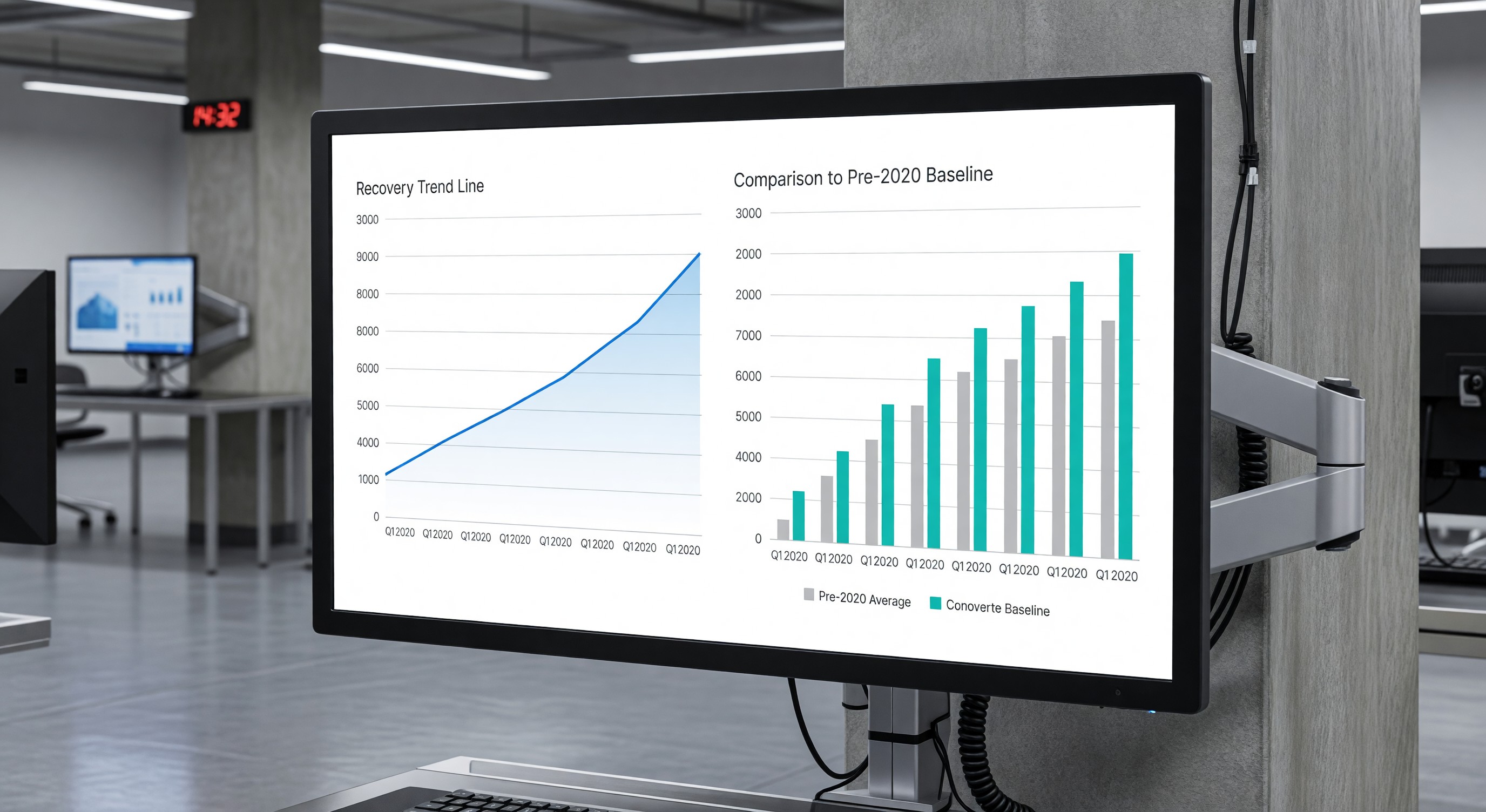 Parking facility revenue dashboard showing recovery trend line and comparison to pre-2020 baseline by quarter