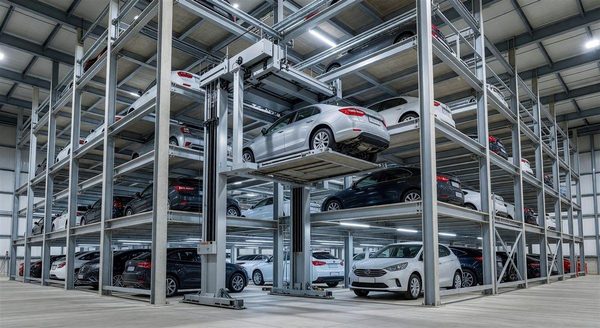 Multi-level automated parking system with mechanical car lift retrieving vehicle from storage position