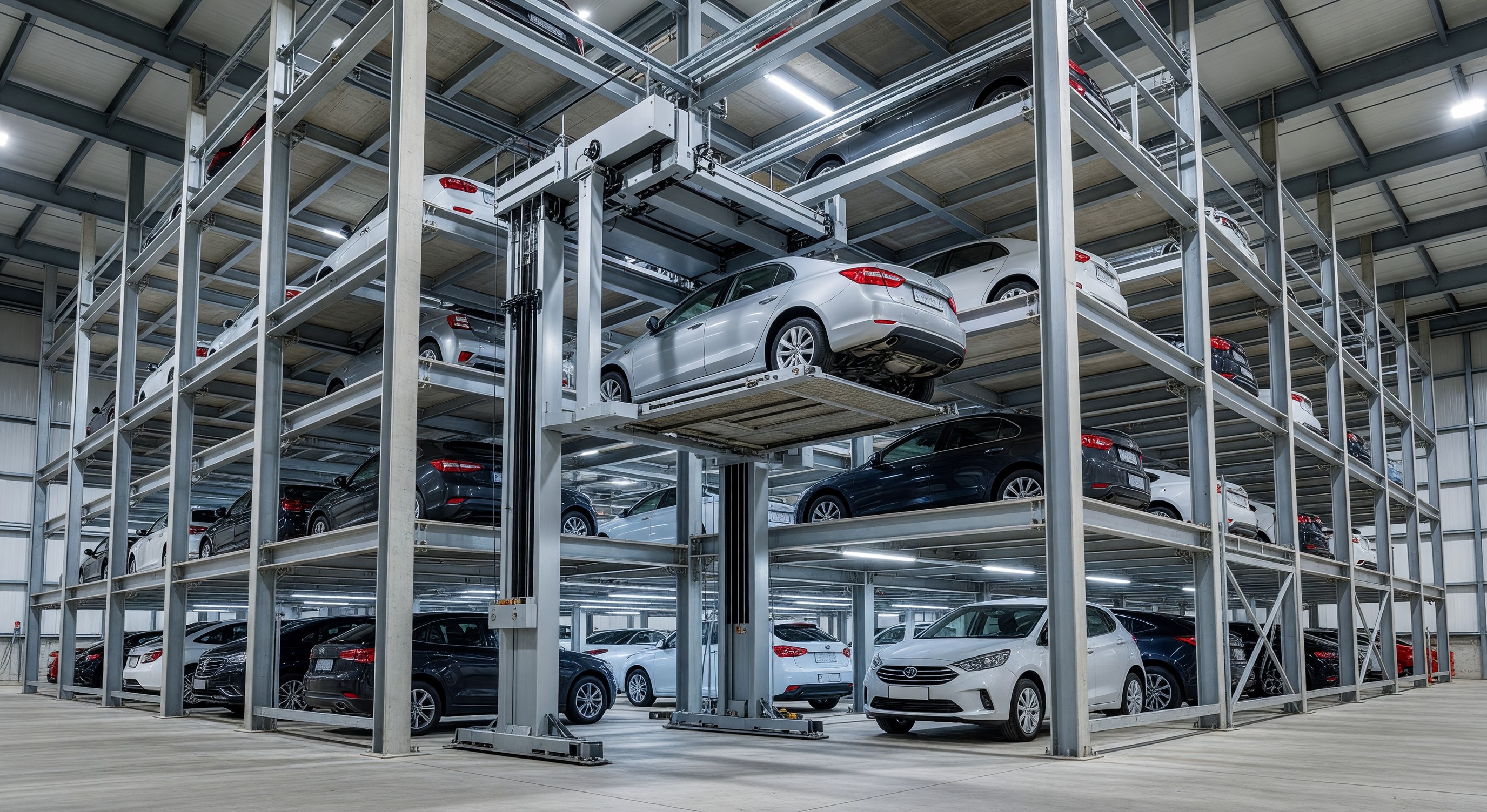 Multi-level automated parking system with mechanical car lift retrieving vehicle from storage position