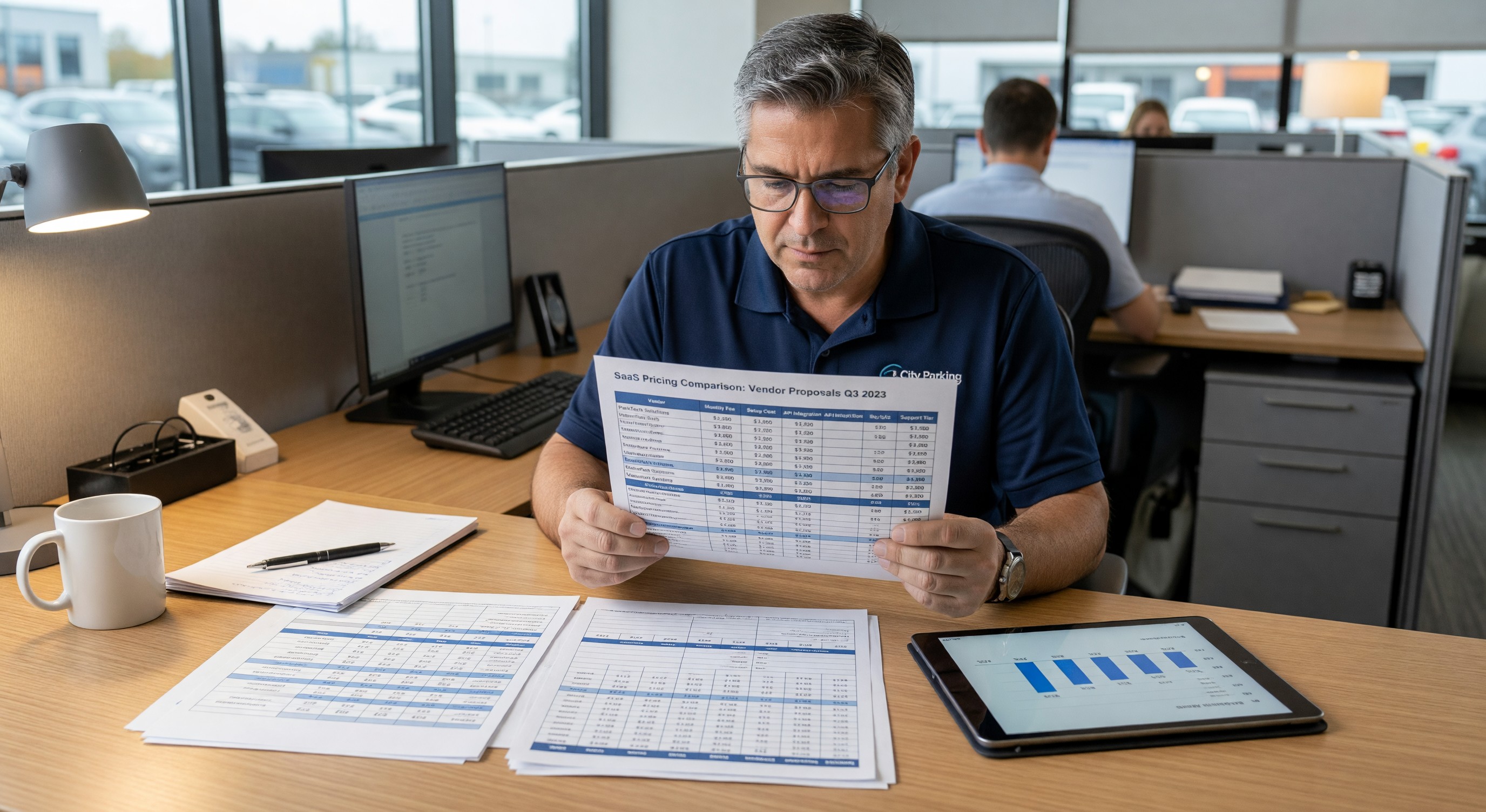 Parking operator reviewing SaaS pricing comparison spreadsheet with multiple vendor proposals