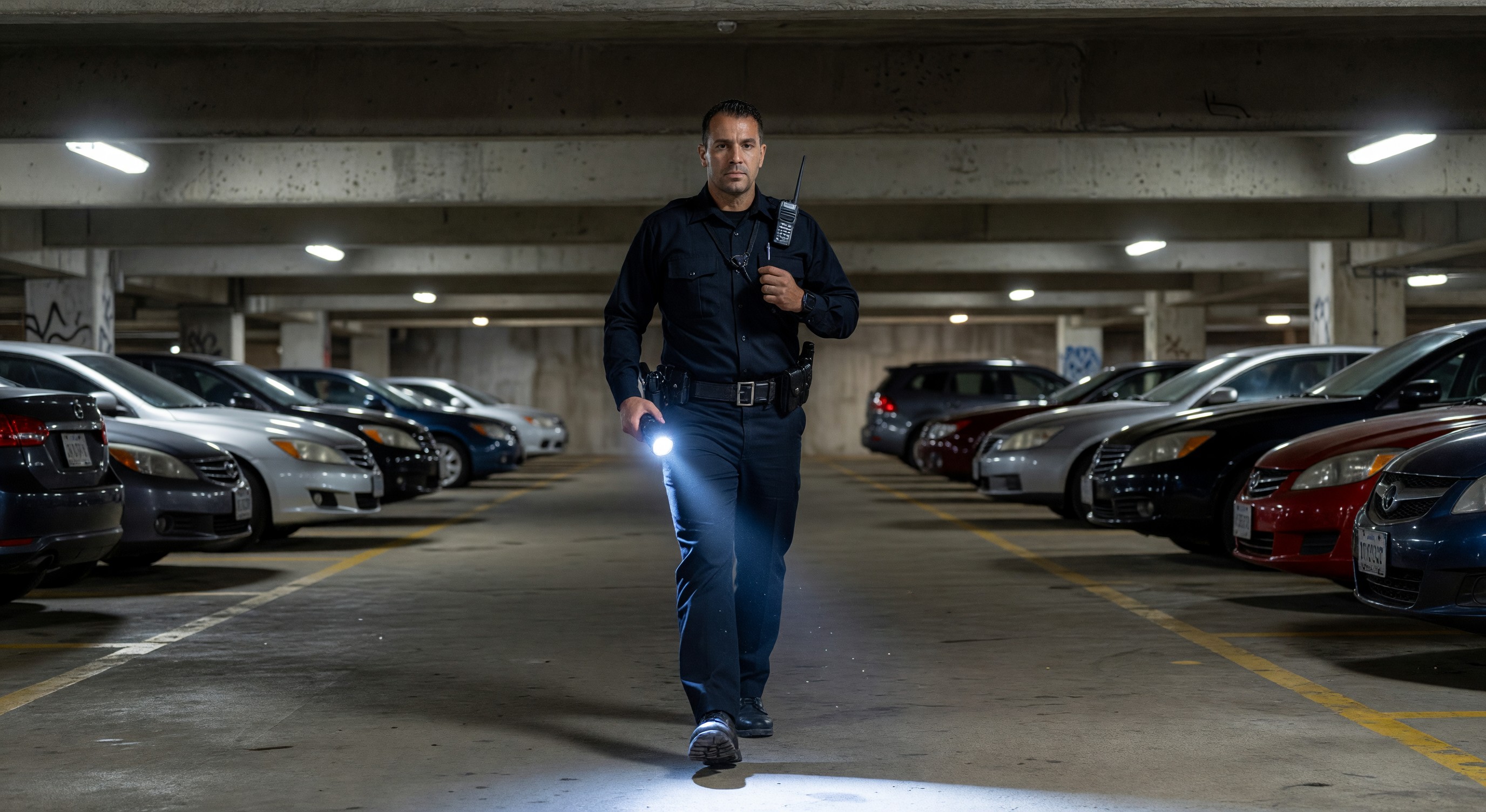 Security officer conducting a patrol of a parking structure with a flashlight and radio
