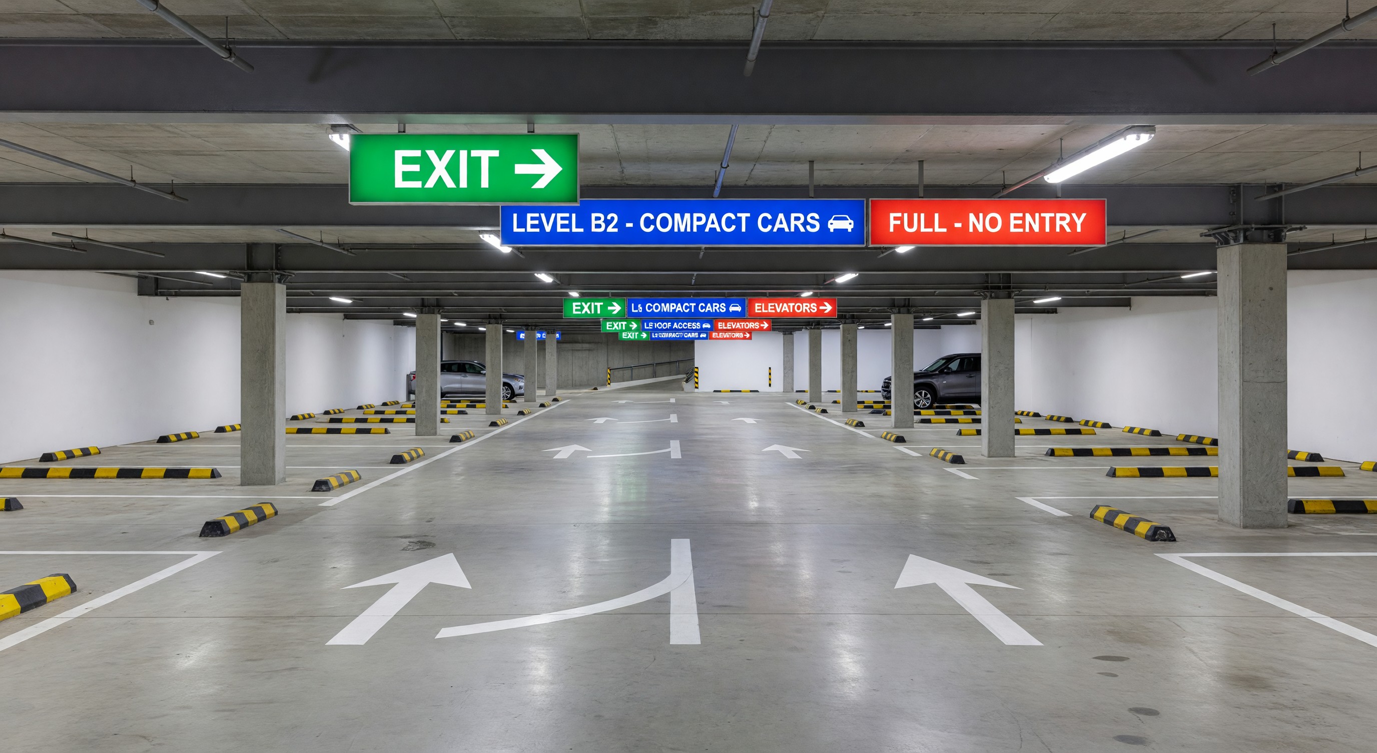 Parking facility with clear directional signage and wayfinding hierarchy