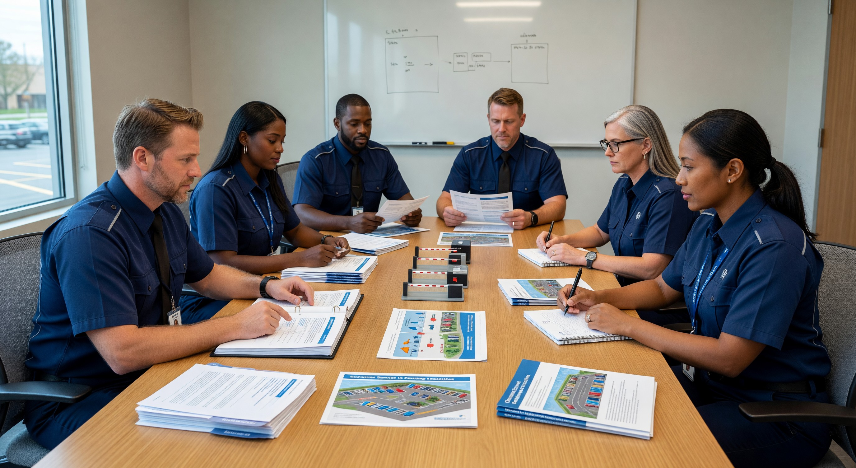 Parking operations training session with employees learning at a table with training materials