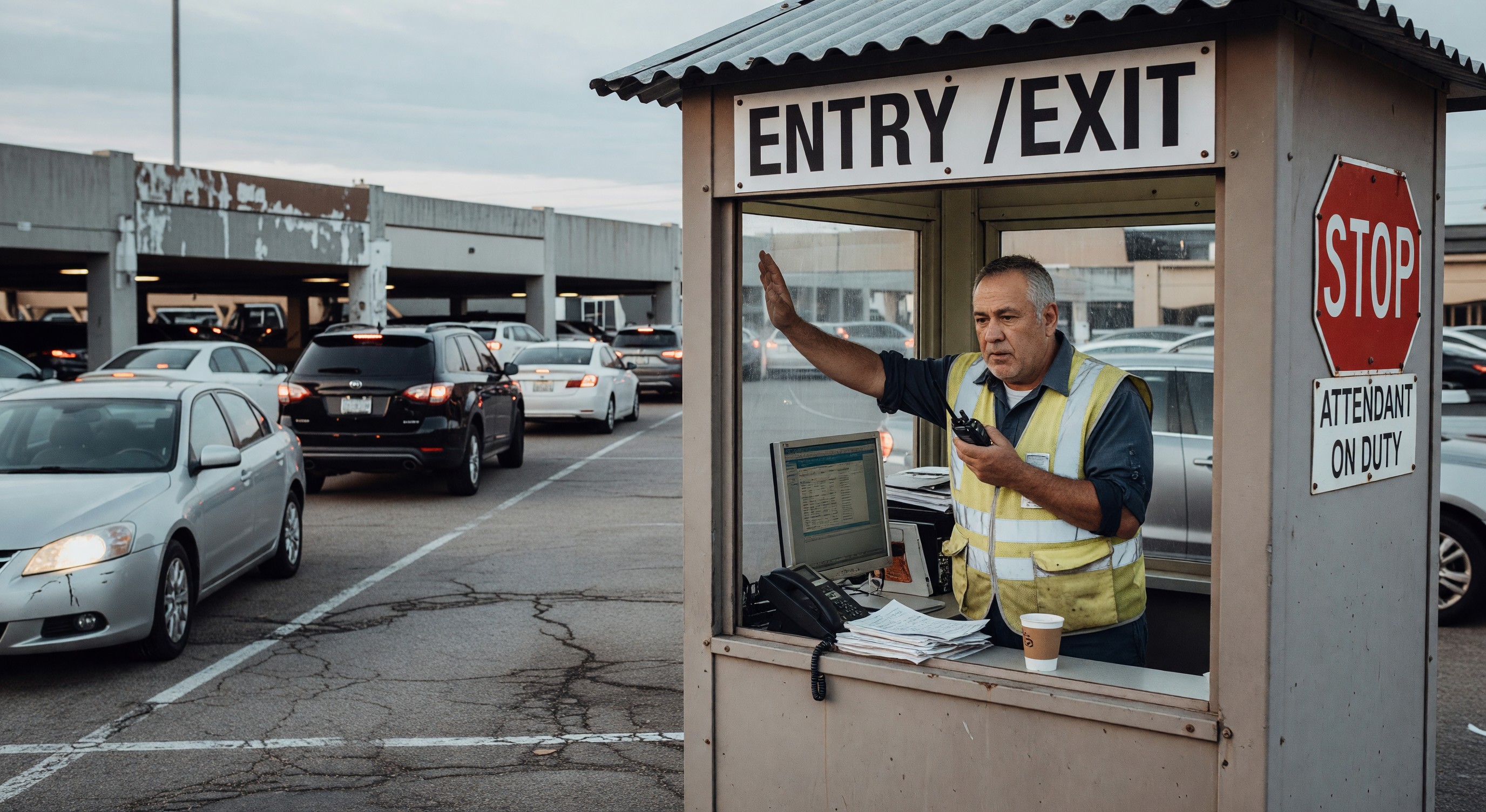 Parking facility attendant at a booth managing entry and exit traffic