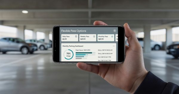 Mobile phone showing parking subscription app with flexible pass options and monthly parking dashboard