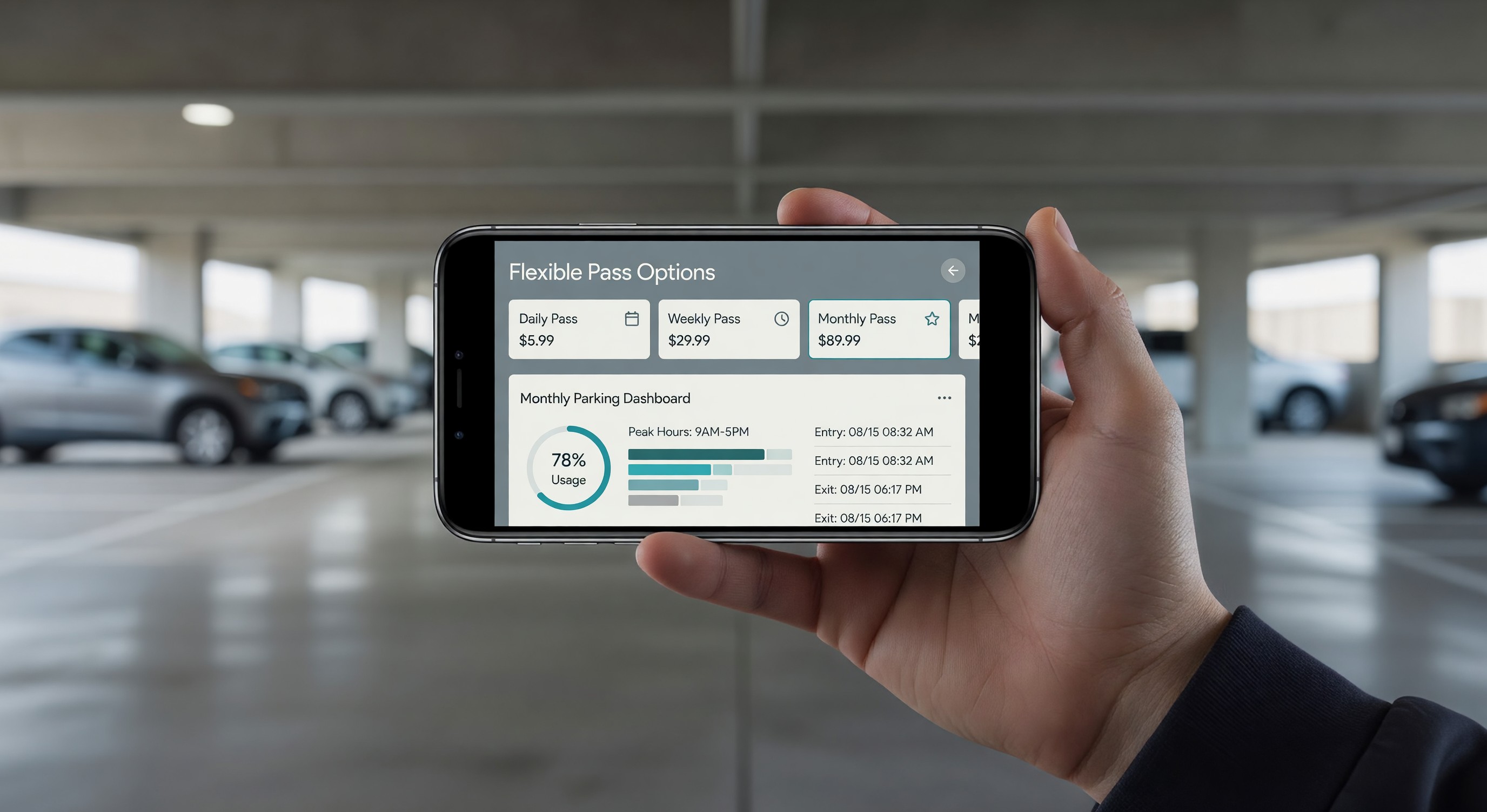 Mobile phone showing parking subscription app with flexible pass options and monthly parking dashboard