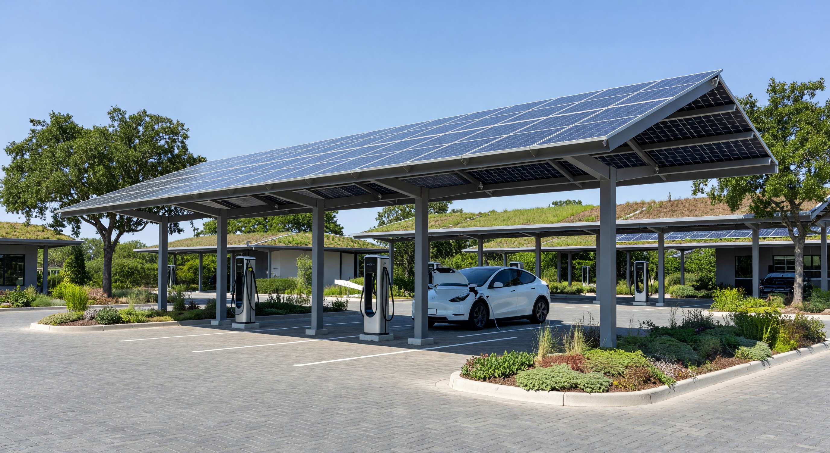 Sustainable parking facility with solar canopy, green roof plantings, and EV charging stations