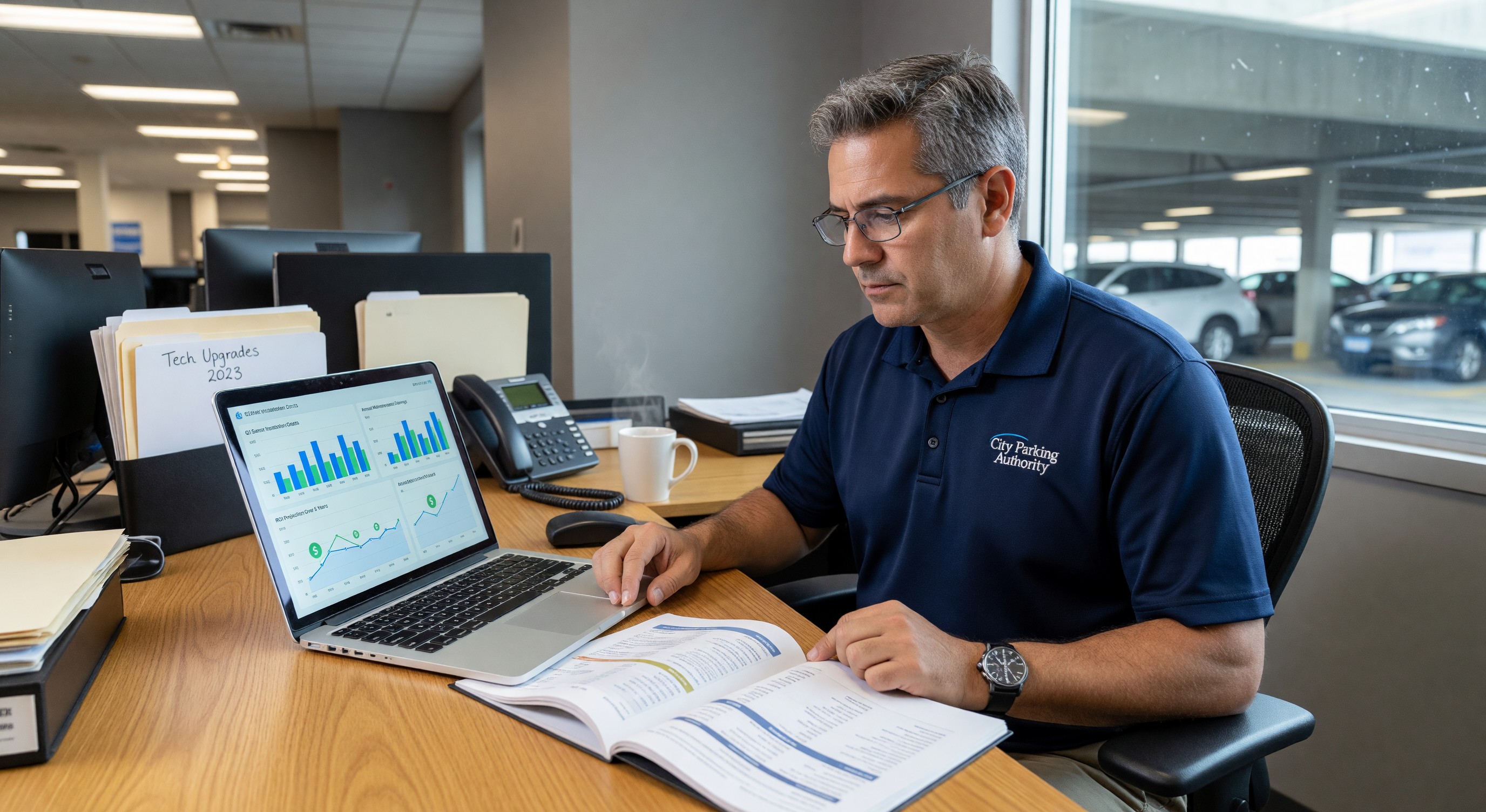 Parking facility manager reviewing technology ROI analysis on laptop with dashboard charts and financial data