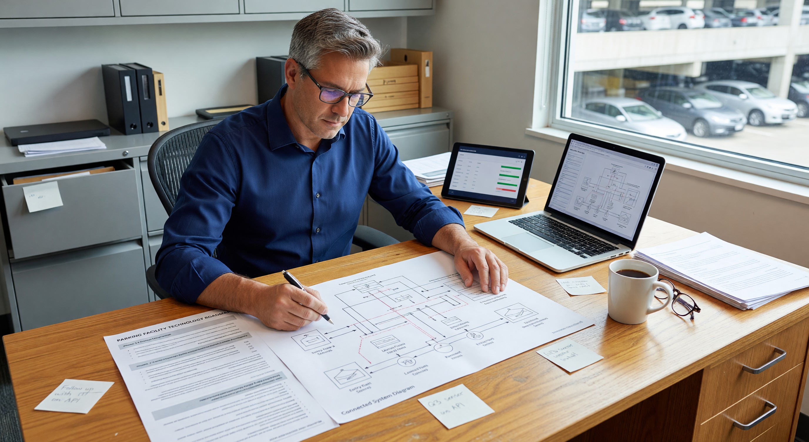 Parking facility manager reviewing technology roadmap planning document with connected system diagram