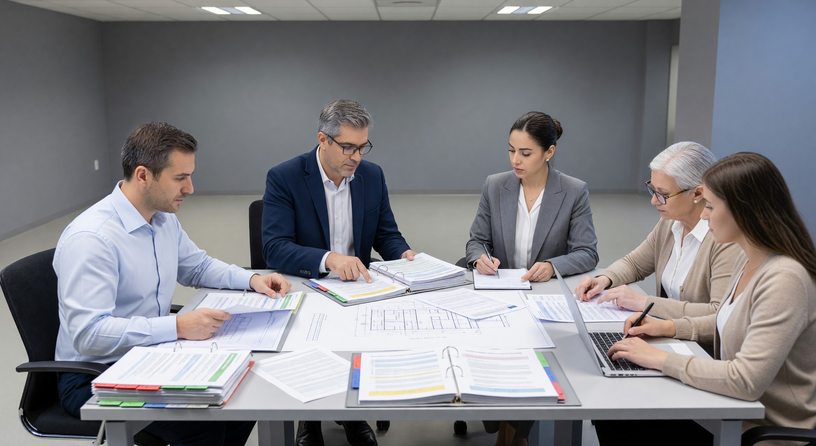 Parking facility management transition meeting with outgoing and incoming operators reviewing documentation