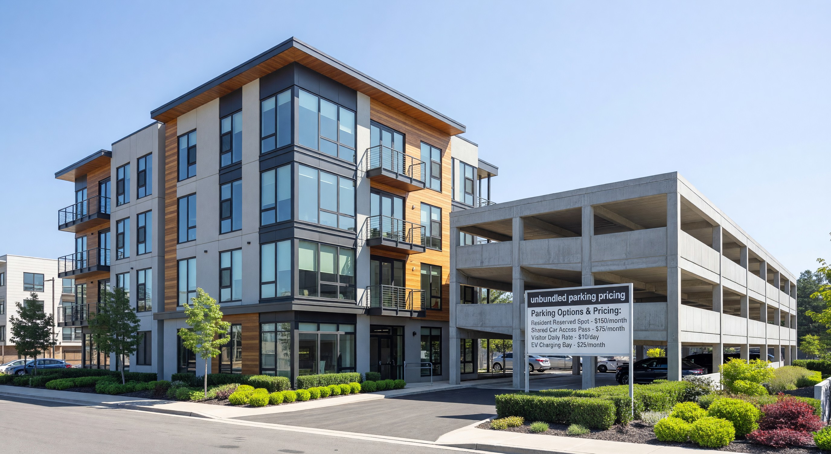 Modern multifamily residential building with separate parking garage showing unbundled parking pricing signage