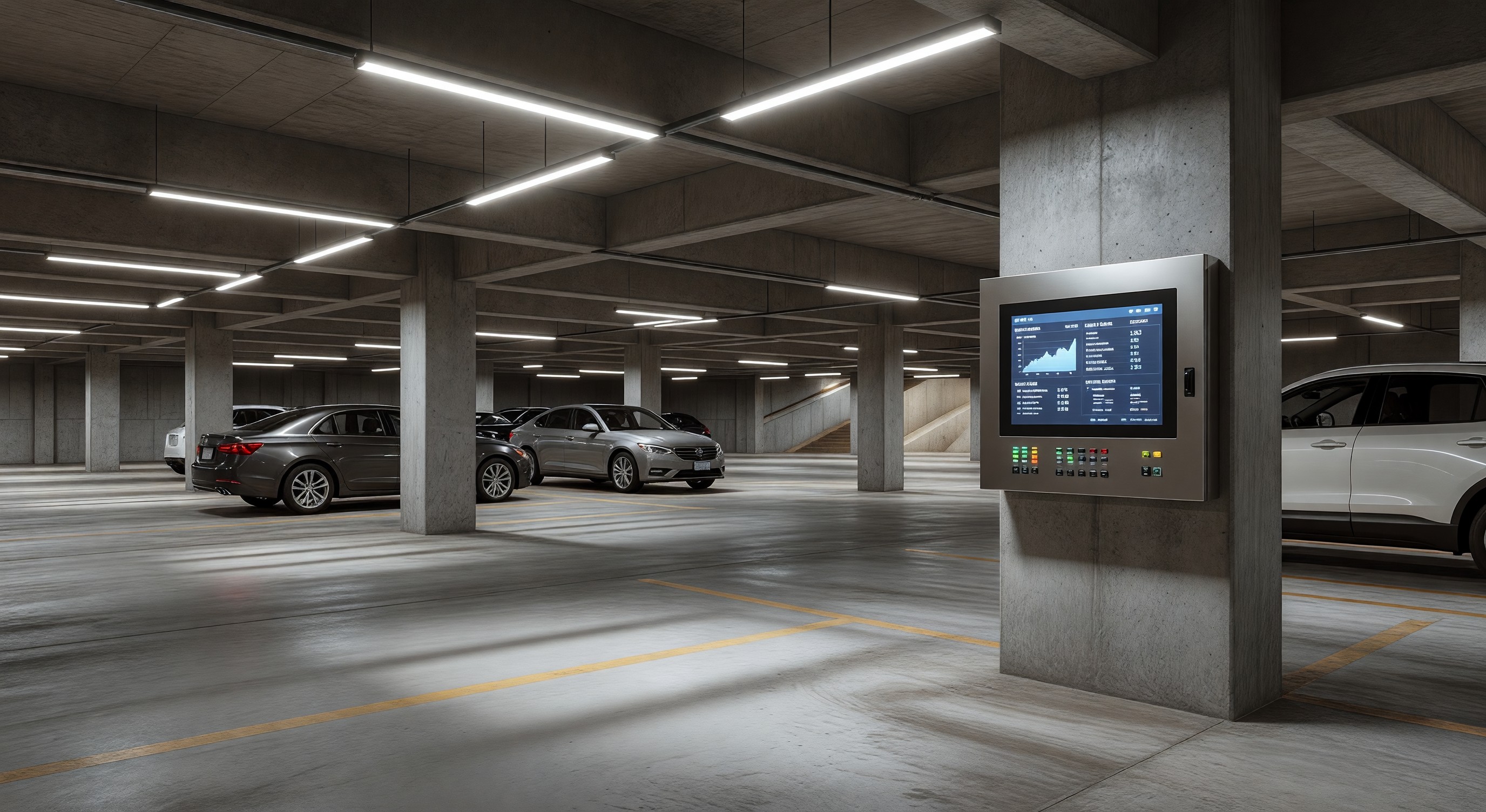 Parking garage with LED lighting and energy management controls panel