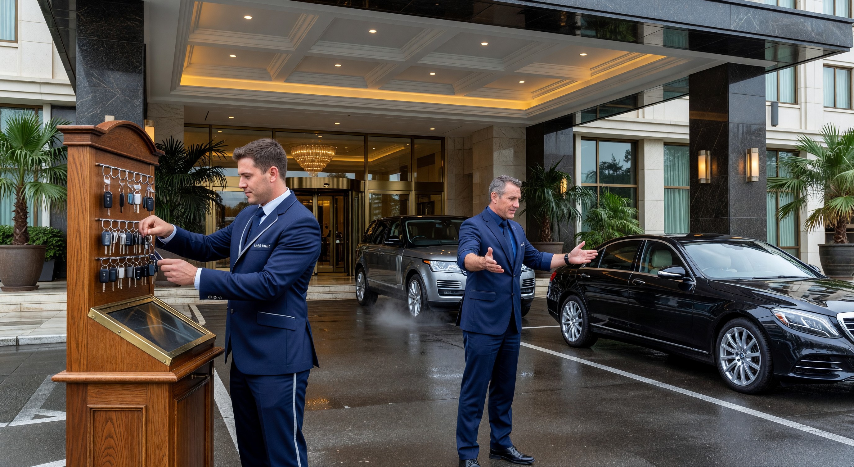 Valet parking stand at a hotel entrance with attendants managing key board and vehicle flow