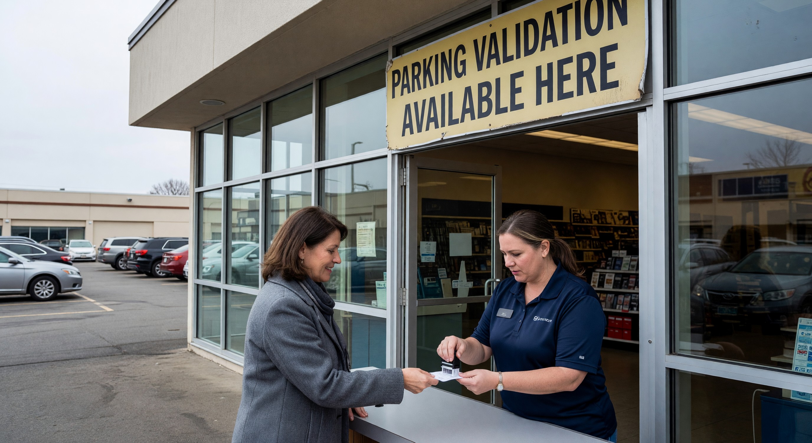 Retail storefront with parking validation sign and customer receiving validation stamp