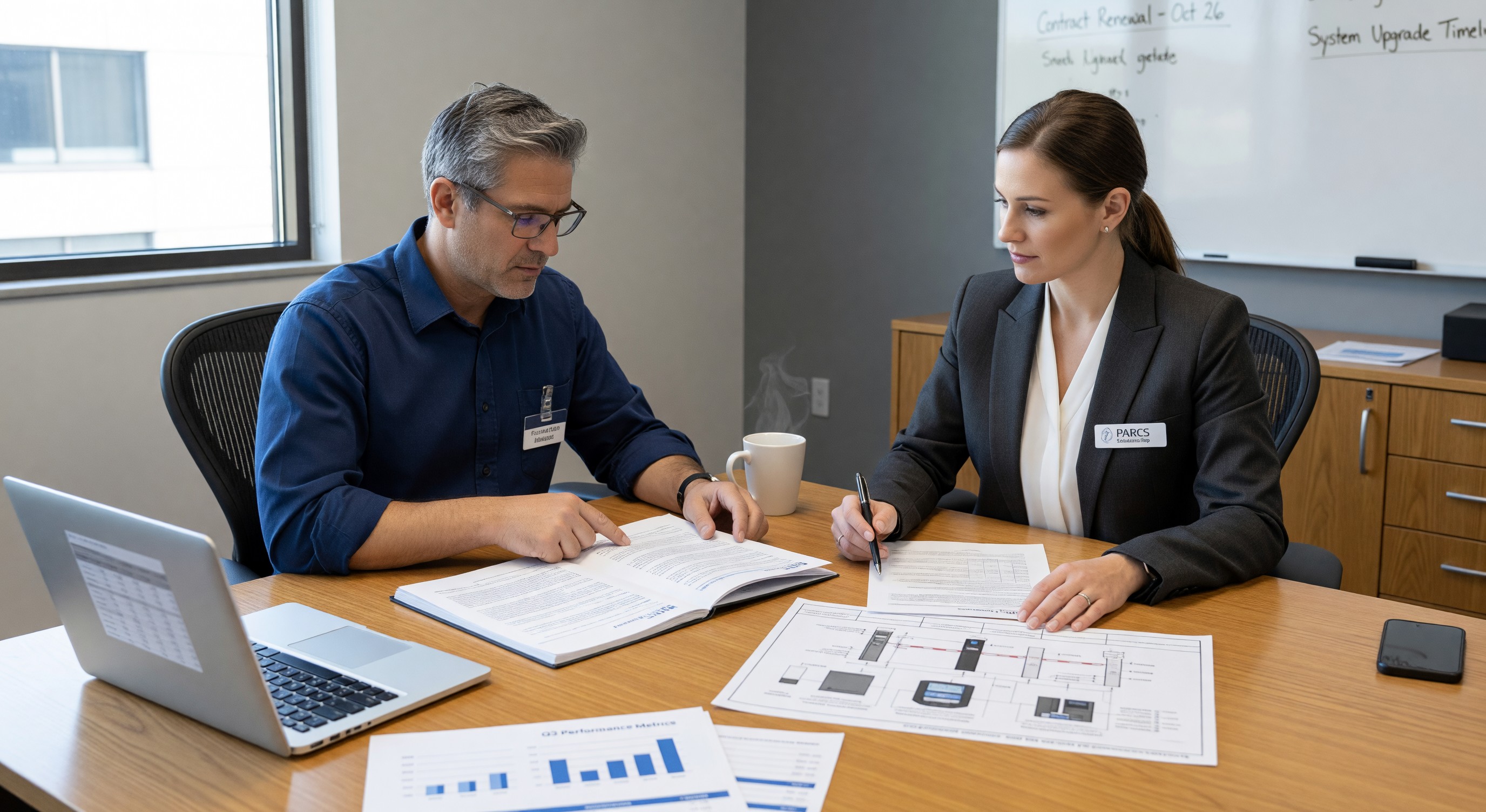 Parking facility manager meeting with a PARCS equipment vendor representative to review service contract