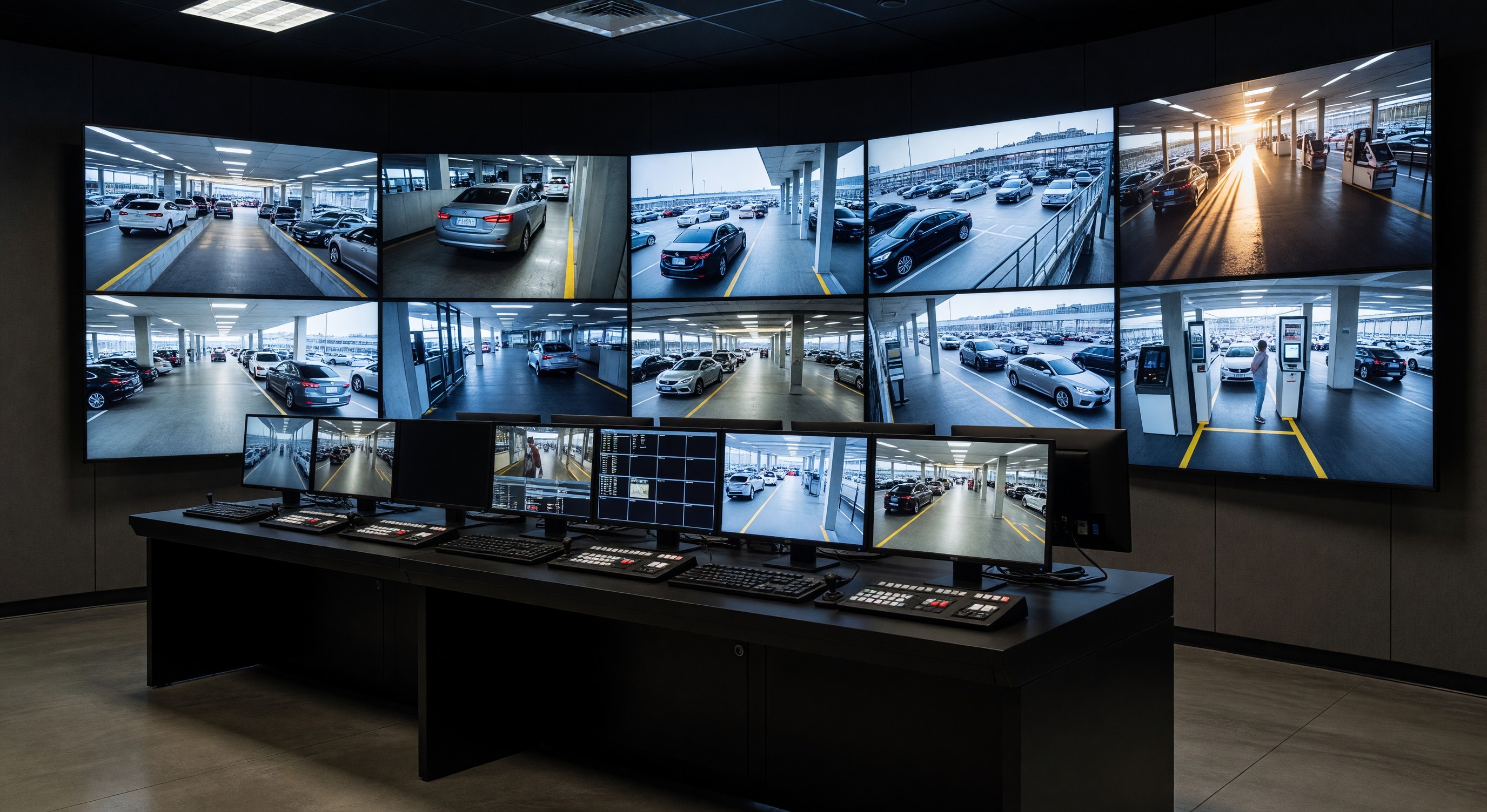 Security monitoring center with multiple screens showing live camera feeds from parking facility areas
