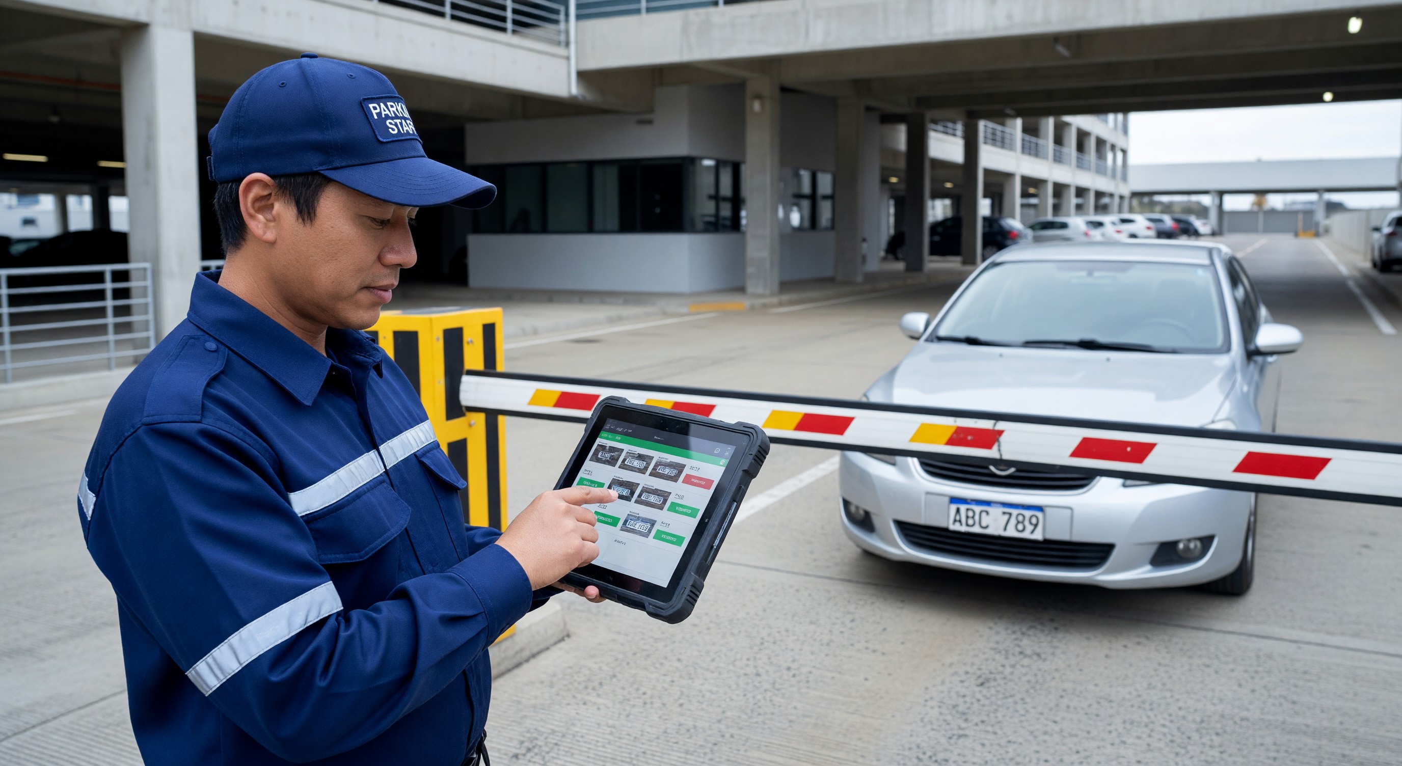 Parking attendant using tablet to verify virtual permit status by license plate at facility entrance
