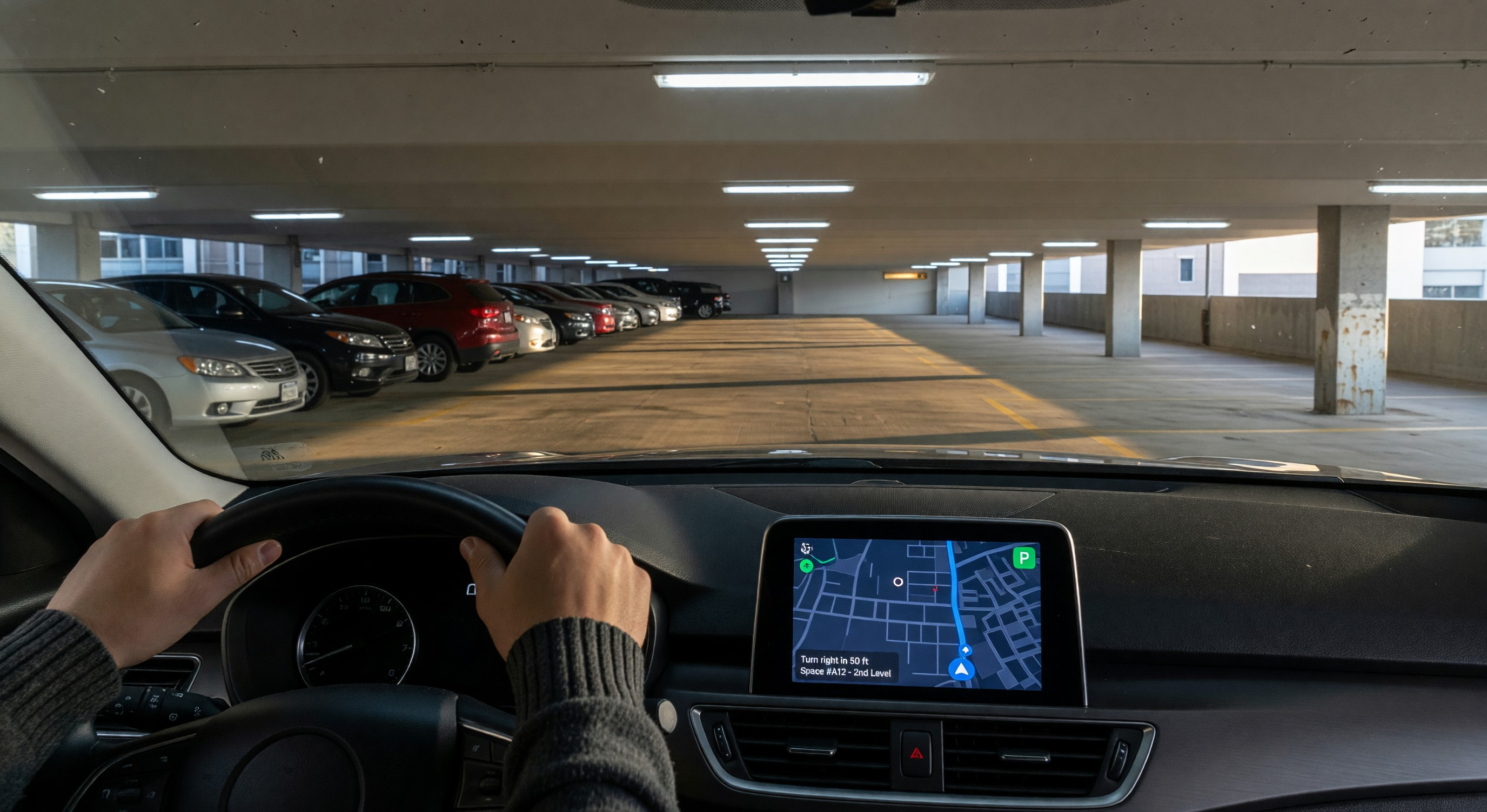 Driver following navigation app directions to available parking space in urban parking structure
