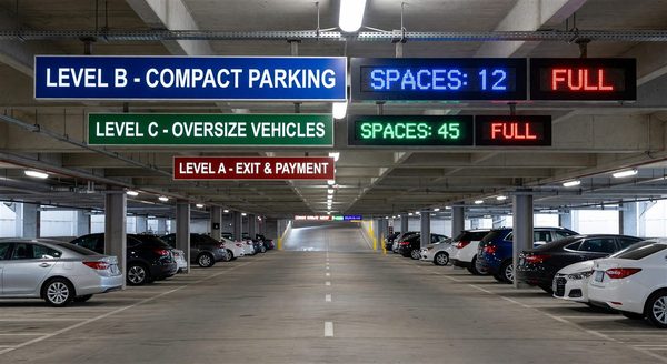 Parking structure with color-coded wayfinding signs and dynamic availability displays