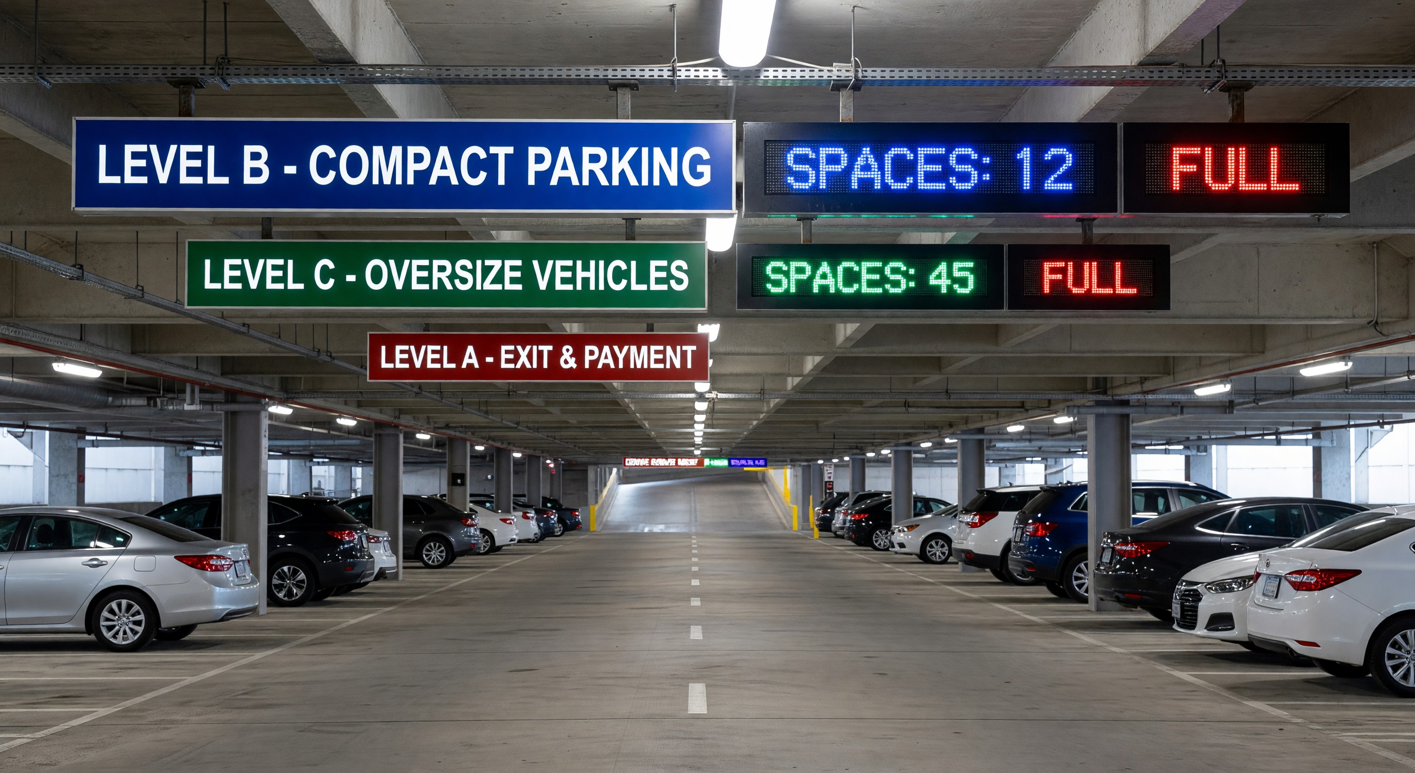 Parking structure with color-coded wayfinding signs and dynamic availability displays