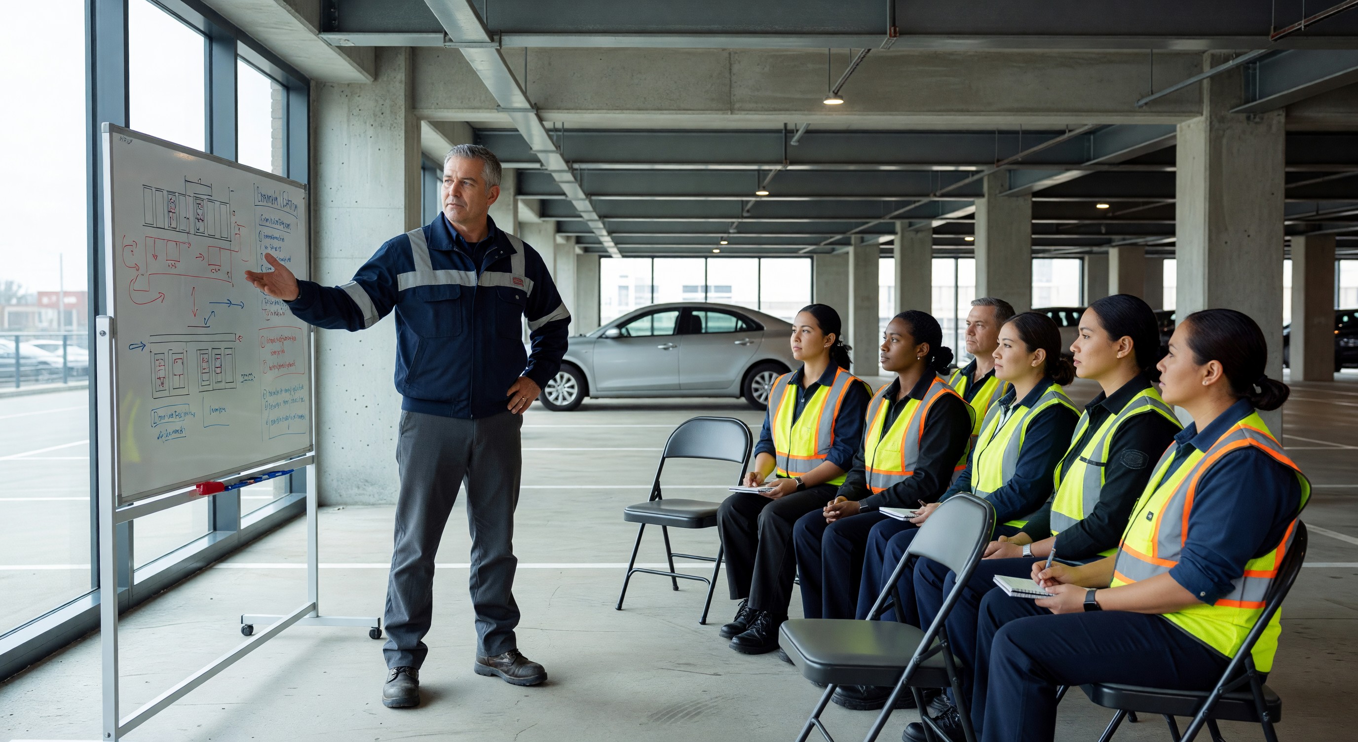 Parking facility manager conducting staff training session with attendants at modern parking structure