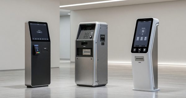 Three different modern parking pay stations in a showroom setting