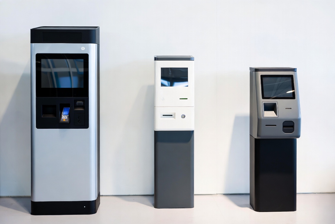 Three different modern parking pay stations in a showroom setting