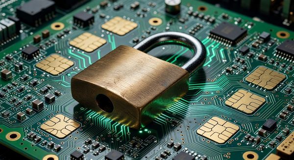 Padlock on glowing circuit board with credit card chip patterns