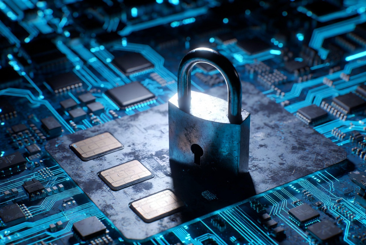 Padlock on glowing circuit board with credit card chip patterns