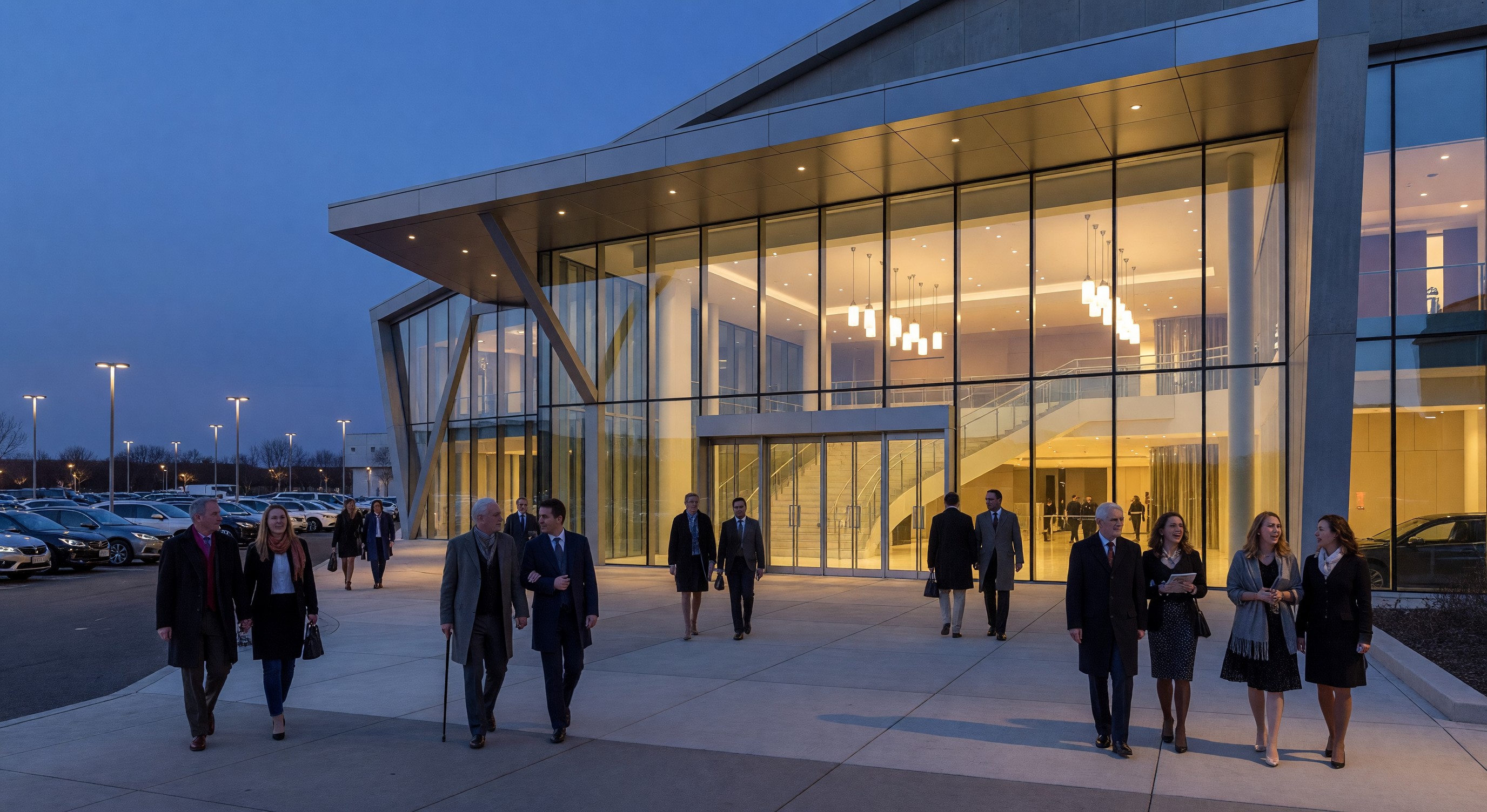 Performing arts center entrance at evening with patrons walking from nearby parking to illuminated lobby